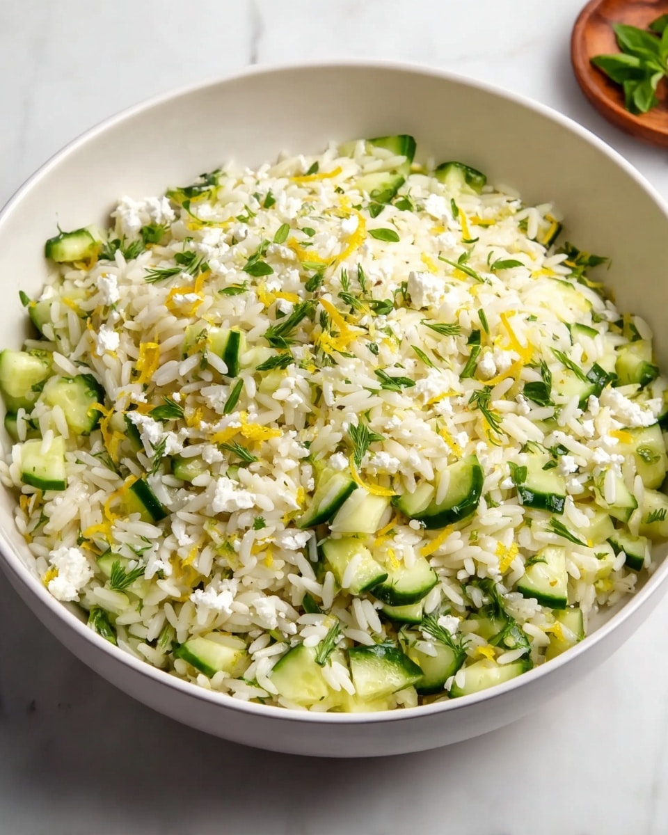 A large white bowl filled with a three-layer dish: the base layer is white orzo rice mixed with small pieces of bright green chopped cucumber, sprinkled evenly with small white crumbles of cheese, and garnished with flecks of fresh green herbs and thin yellow lemon zest strips. The textures show the soft and slightly fluffy rice grains contrasting with the crisp cucumber pieces and creamy cheese bits, all sitting on a smooth white marbled surface. Photo taken with an iphone --ar 4:5 --v 7