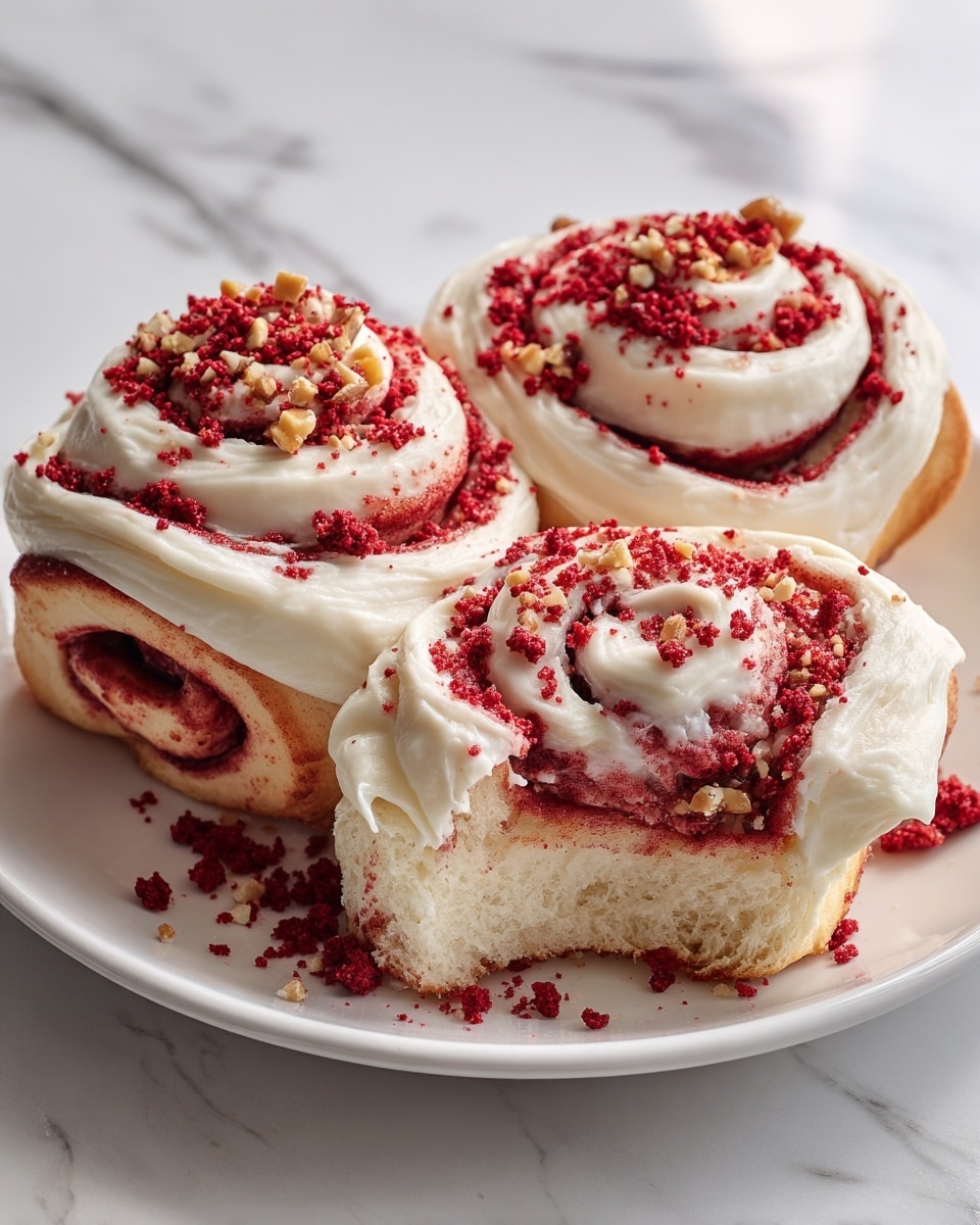 Three cinnamon roll pastries rest on a white plate placed on a white marbled surface. The focus is on the front roll, showing two visible layers of soft, pale yellow dough and deep red crumb swirls. A thick layer of smooth, white cream cheese frosting spirals on top, sprinkled with crumbly bits of red and tan crumbs. The texture of the dough looks fluffy and moist, contrasting with the creamy frosting and the crumb topping. Photo taken with an iphone --ar 4:5 --v 7