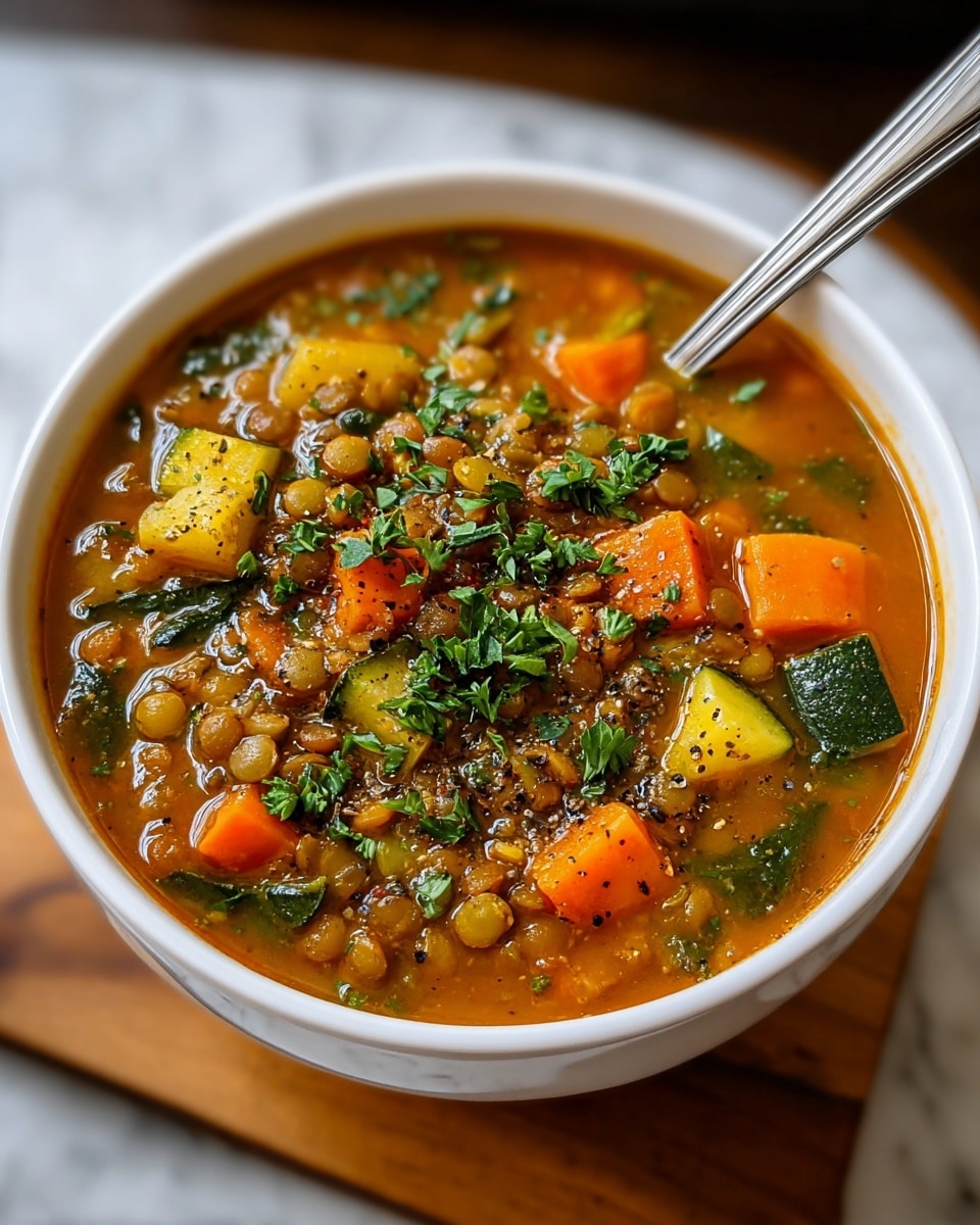 A white bowl filled with thick vegetable lentil soup sits on a wooden board over a white marbled surface; the soup has a rich orange-brown broth with visible layers of green lentils, bright orange carrot cubes, green zucchini pieces, and small leafy greens mixed throughout. The top layer is garnished with chopped fresh parsley and a light sprinkle of ground black pepper, giving the dish a fresh and textured appearance, with a silver spoon resting inside the bowl on the right side. Photo taken with an iphone --ar 4:5 --v 7