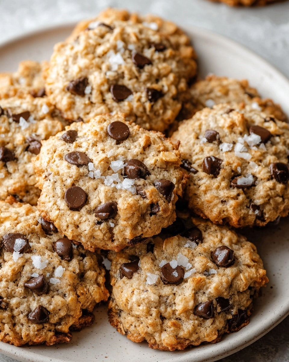 The image shows a close-up of several oatmeal chocolate chip cookies arranged on a white plate. Each cookie is rough-textured with a light golden brown color, dotted with dark, glossy chocolate chips scattered unevenly on the surface. Some cookies are sprinkled with small white flakes, likely sea salt, adding contrast to the warm tones. The plate sits on a white marbled surface that softly reflects light, enhancing the fresh-baked look of the cookies. Photo taken with an iphone --ar 4:5 --v 7