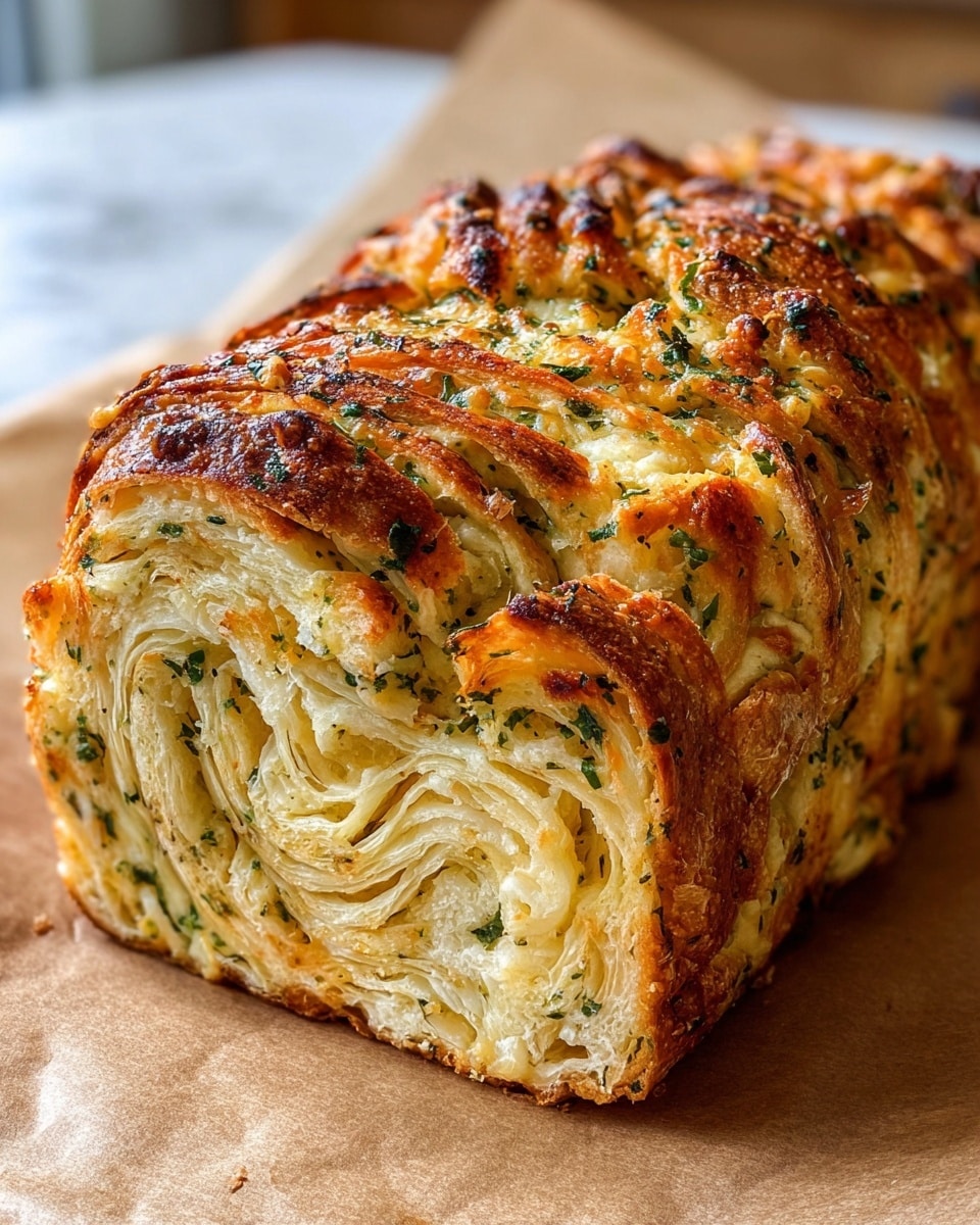 A close-up of a loaf of bread cut to show 5 to 6 visible layers of soft dough mixed with herbs and melted cheese. The outer crust is dark golden brown and crispy, with small bits of green herbs baked into the surface. The inside layers are a creamy off-white with flecks of green herbs spread evenly, showing a soft, slightly flaky texture. The loaf rests on brown parchment paper against a white marbled surface, with a blurred background of a kitchen. Photo taken with an iphone --ar 4:5 --v 7