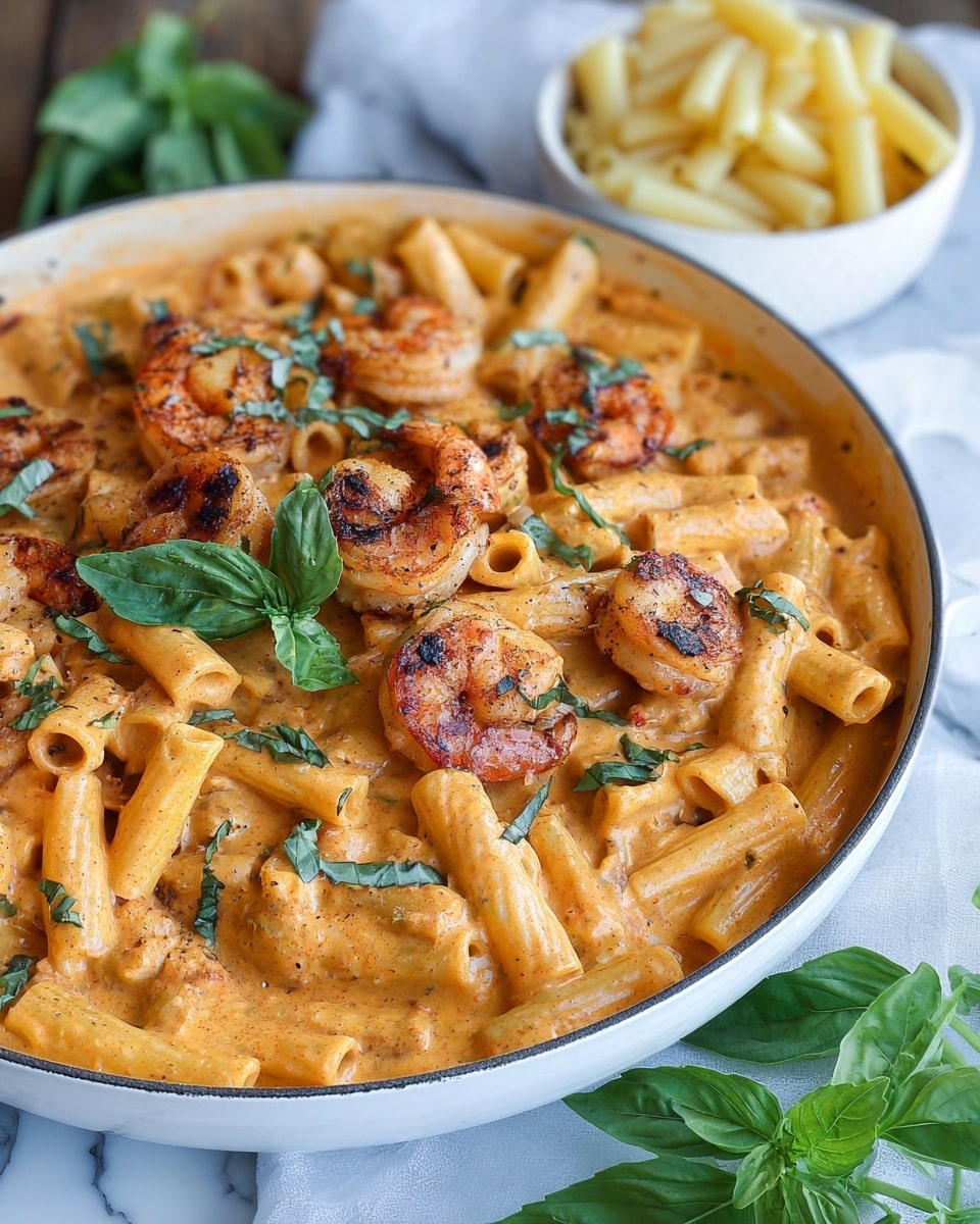 A deep white pot with blue handles filled with a creamy, light orange sauce, pasta, and grilled shrimp. The pasta is penne, coated in the sauce with a smooth texture, mixed evenly throughout. Large, browned grilled shrimp are scattered on top and throughout the pasta, giving a slight charred look. Fresh green basil pieces are sprinkled over the dish, adding a touch of color contrast. Around the pot, there are fresh basil leaves and a small white bowl filled with uncooked penne pasta on a white marbled texture. Photo taken with an iphone --ar 4:5 --v 7