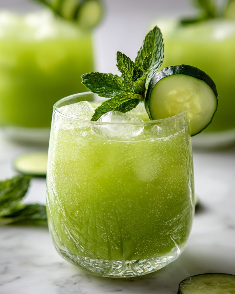 The image shows a clear textured glass filled with a bright green drink and ice cubes packed inside. The drink has a smooth, slightly thick appearance. On top, a dark green cucumber slice is placed on one side with fresh mint leaves standing upright next to it, adding a touch of leaf texture. The glass is on a white marbled surface with out-of-focus similar glasses and cucumber slices in the background, creating a fresh and cool look. photo taken with an iphone --ar 4:5 --v 7