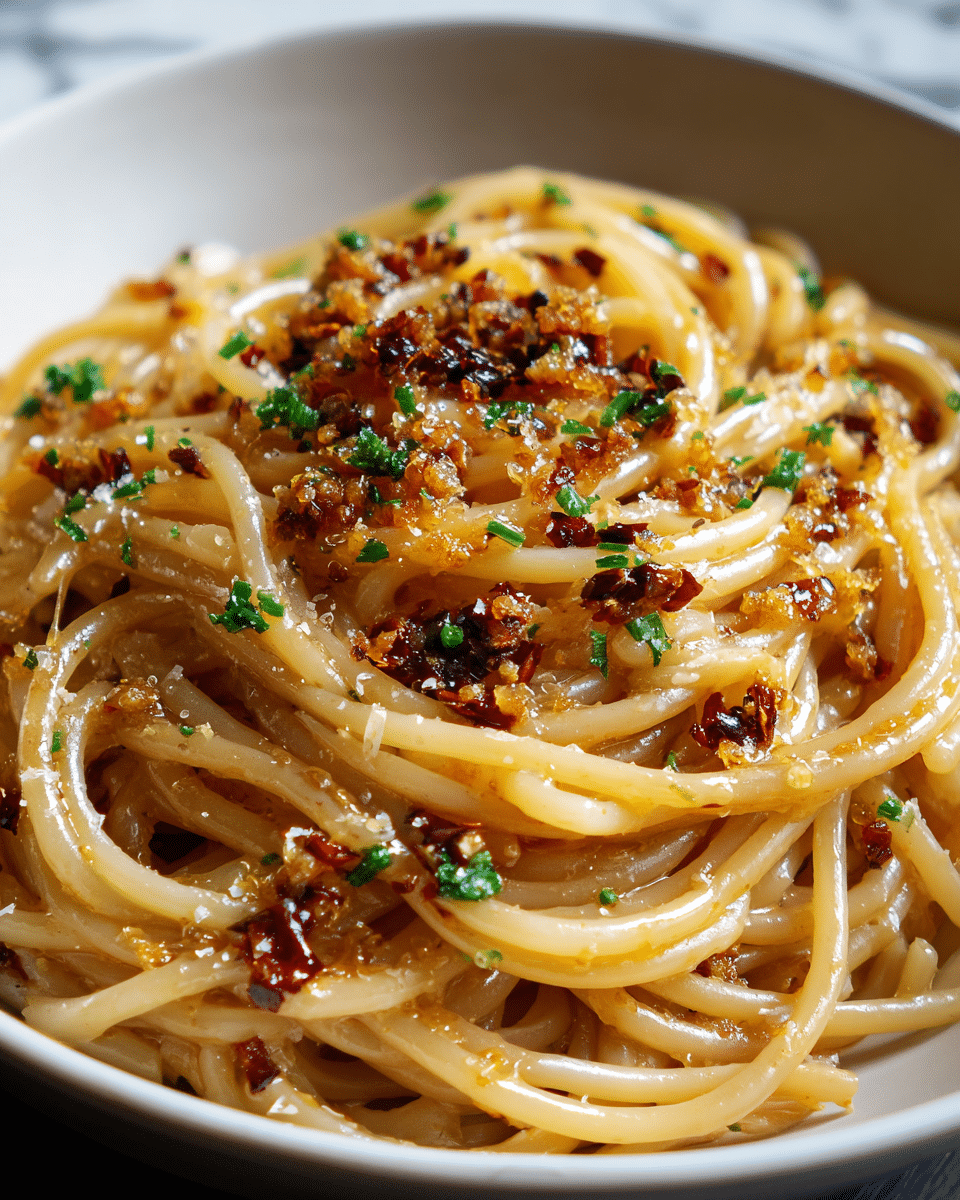 A close-up of a single layer of spaghetti noodles coated in a glossy light brown sauce, topped with small dark red chili flakes, grated cheese, and finely chopped green herbs sprinkled evenly across the noodles, all served in a white bowl on a white marbled texture surface. photo taken with an iphone --ar 4:5 --v 7