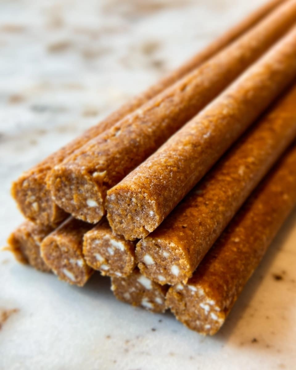The image shows a close-up of a stack of six long, thin sticks that look like they are made of a light brown, crumbly material with small white bits inside. The sticks are neatly piled on top of each other, with their round ends facing the camera. The surface they rest on is white with a marbled texture, blurred in the background. The lighting highlights the rough and slightly grainy texture of the sticks. photo taken with an iphone --ar 4:5 --v 7