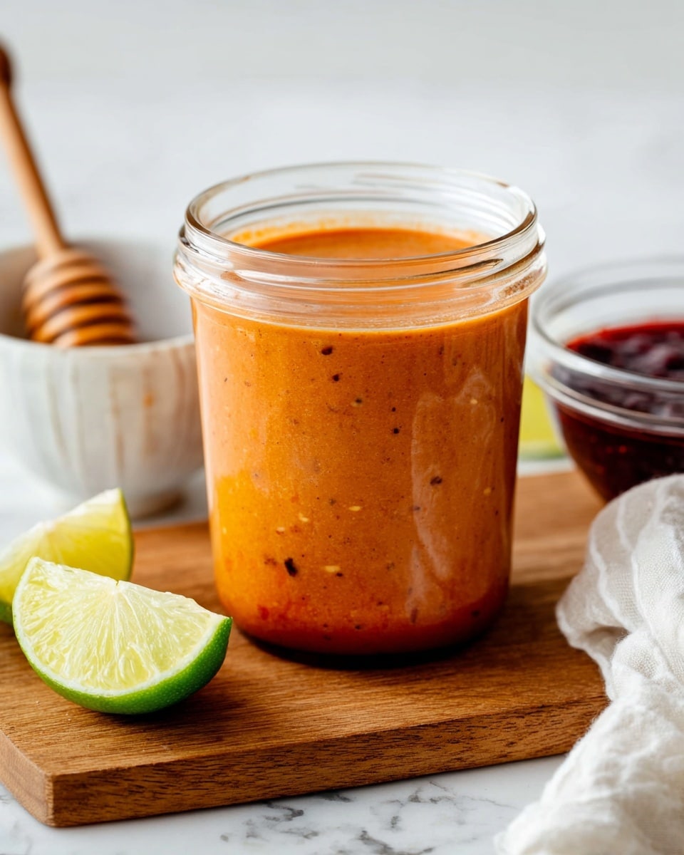 A clear glass jar filled with a thick, orange-red sauce that has small dark specks throughout, sitting on a wooden board. A wedge of lime with bright green skin and yellow-green inside rests on the board in front of the jar. To the left, behind the jar, is a white bowl with a honey dipper inside. To the right, there is a small clear bowl with a dark purple sauce inside, partially covered with a white cloth. The background and surface have a white marbled texture. photo taken with an iphone --ar 4:5 --v 7
