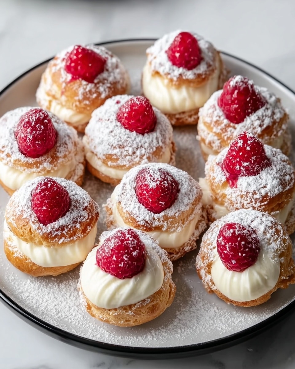 A round white plate filled with nine small pastries arranged close together. Each pastry has three visible layers: the bottom golden-brown flaky crust, a smooth white cream layer in the middle, and a single bright red raspberry on top. Light powdered sugar is sprinkled over the pastries and the plate, creating a soft, snowy look. The plate sits on a white marbled surface. Photo taken with an iphone --ar 4:5 --v 7