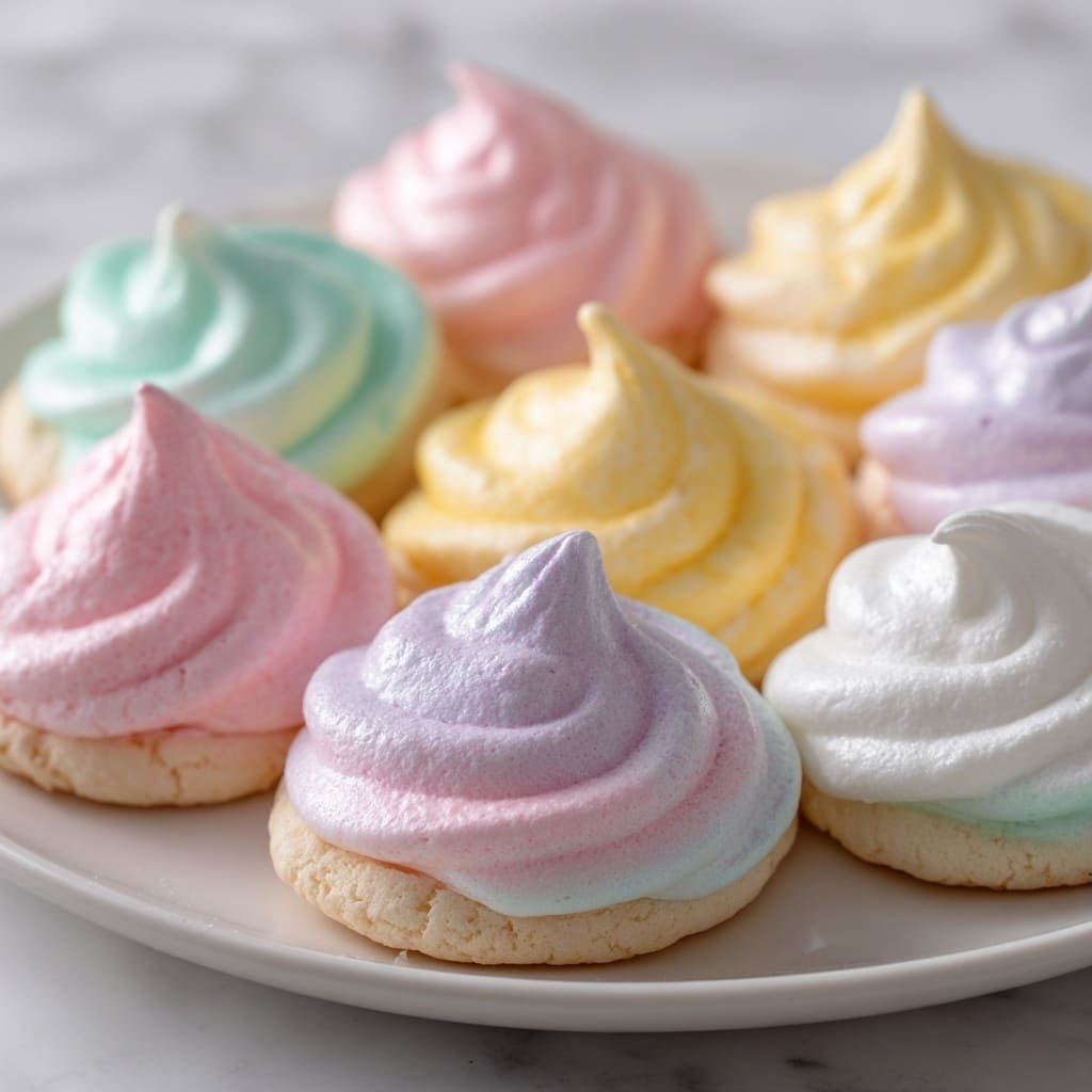 The image shows a plate full of colorful jello meringue cookies, each cookie having two layers. The bottom layer is a light beige, soft cookie base, round and slightly thick. On top is a swirled, pointed meringue layer in soft pastel colors including white, yellow, pink, and green. The meringue has a smooth, glossy texture with defined ridges spiraling to a peak. The cookies are arranged closely together on a white plate, placed on a white marbled surface, creating a cheerful and bright look. photo taken with an iphone --ar 4:5 --v 7