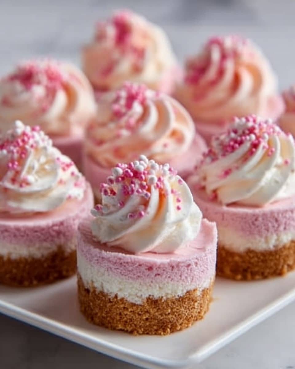 The image shows small round mini cheesecakes served on a white square plate placed on a white marbled surface. Each cheesecake has three visible layers: the bottom layer is a thick, crumbly brown crust; the middle layer is a smooth, light pink cheesecake filling; the top layer is a swirl of white whipped cream decorated with pink sprinkles. The cheesecakes are neatly arranged in rows, with soft lighting highlighting the creamy and crumbly textures. photo taken with an iphone --ar 4:5 --v 7