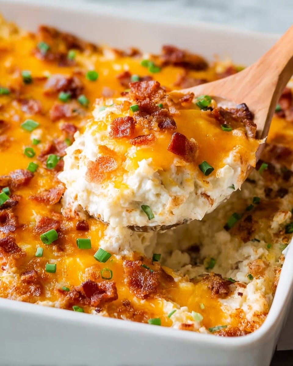 A close-up of a casserole in a white rectangular dish, showing three visible layers: a creamy white base layer, a middle mixed layer with small bits of crispy bacon and green herbs, and a top layer of melted orange cheddar cheese slightly browned in spots with more bacon bits and chopped green onions scattered on top. A wooden spoon lifts a scoop, revealing the creamy, cheesy texture and small bacon pieces inside. The dish sits on a white marbled surface. photo taken with an iphone --ar 4:5 --v 7