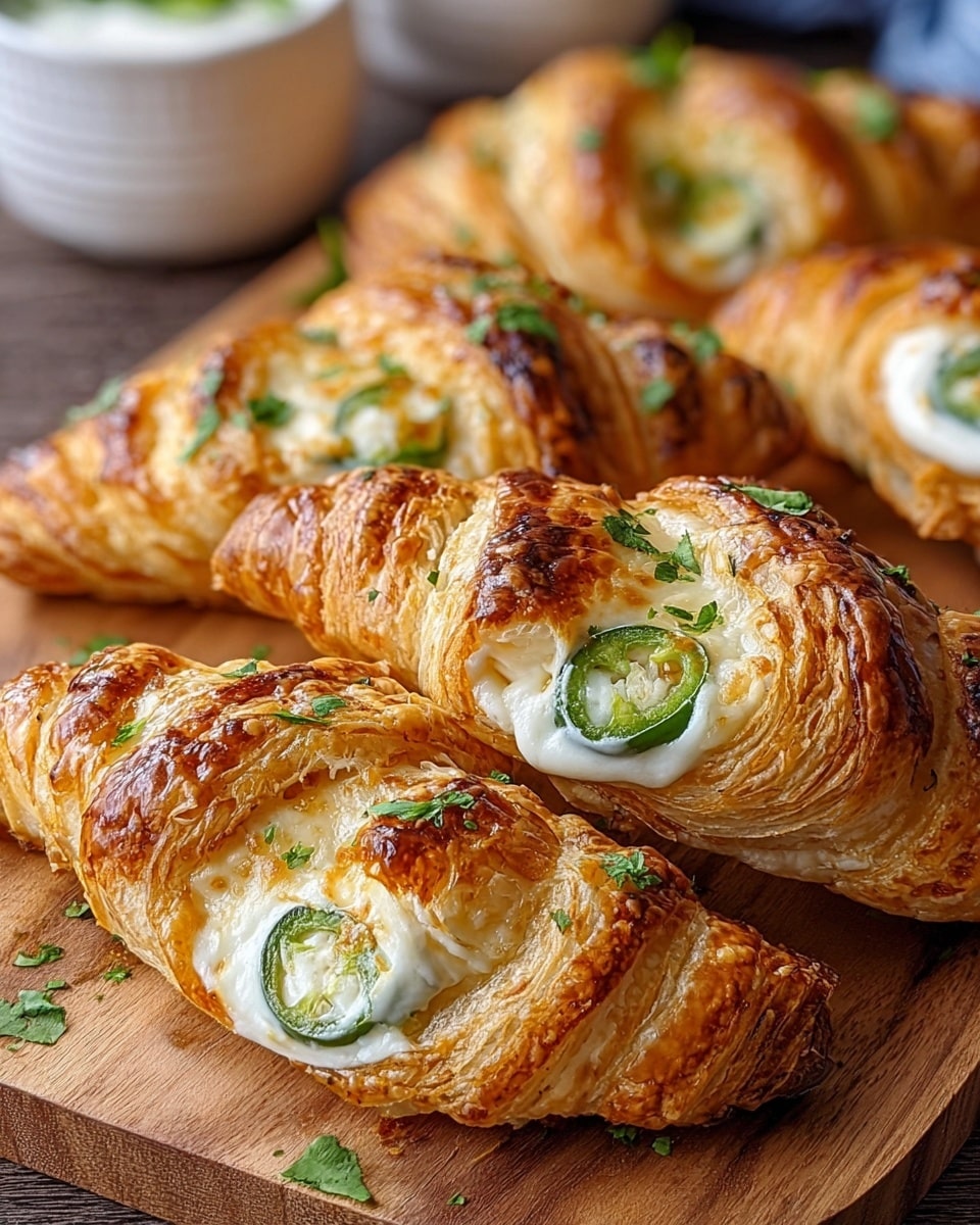 The image shows several crescent-shaped pastries arranged close together on a wooden board. Each pastry has a golden-brown, flaky crust layer that looks crispy and slightly puffed, with darker browned spots on the surface. They are twisted, showing an inner creamy white cheese layer with a few green slices of jalapeño and fresh green herbs sprinkled on top. The cheese layer is smooth and thick, almost spilling out from the crust. The wooden board contrasts with the pastries, and the background is out of focus but hints at white small bowls. The overall look is warm and inviting, with a rich texture contrast between the crust and filling. photo taken with an iphone --ar 4:5 --v 7