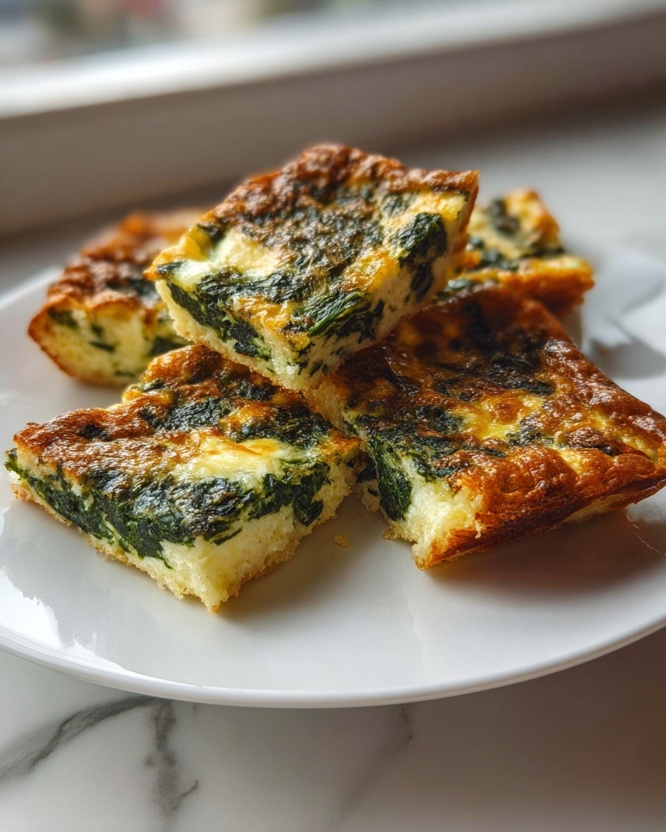 The image shows several square pieces of a baked dish on a white plate, each piece having two clear layers. The bottom layer is pale yellow and soft, while the top layer is a golden-brown crust with spots of toasted dark green, which looks like cooked spinach mixed into a creamy texture. The edges of the pieces are crispy and slightly browned. The pieces are stacked unevenly, showing some thickness and a slightly crumbly texture. The plate is placed on a white marbled surface with soft natural light coming from a nearby window. Photo taken with an iphone --ar 4:5 --v 7
