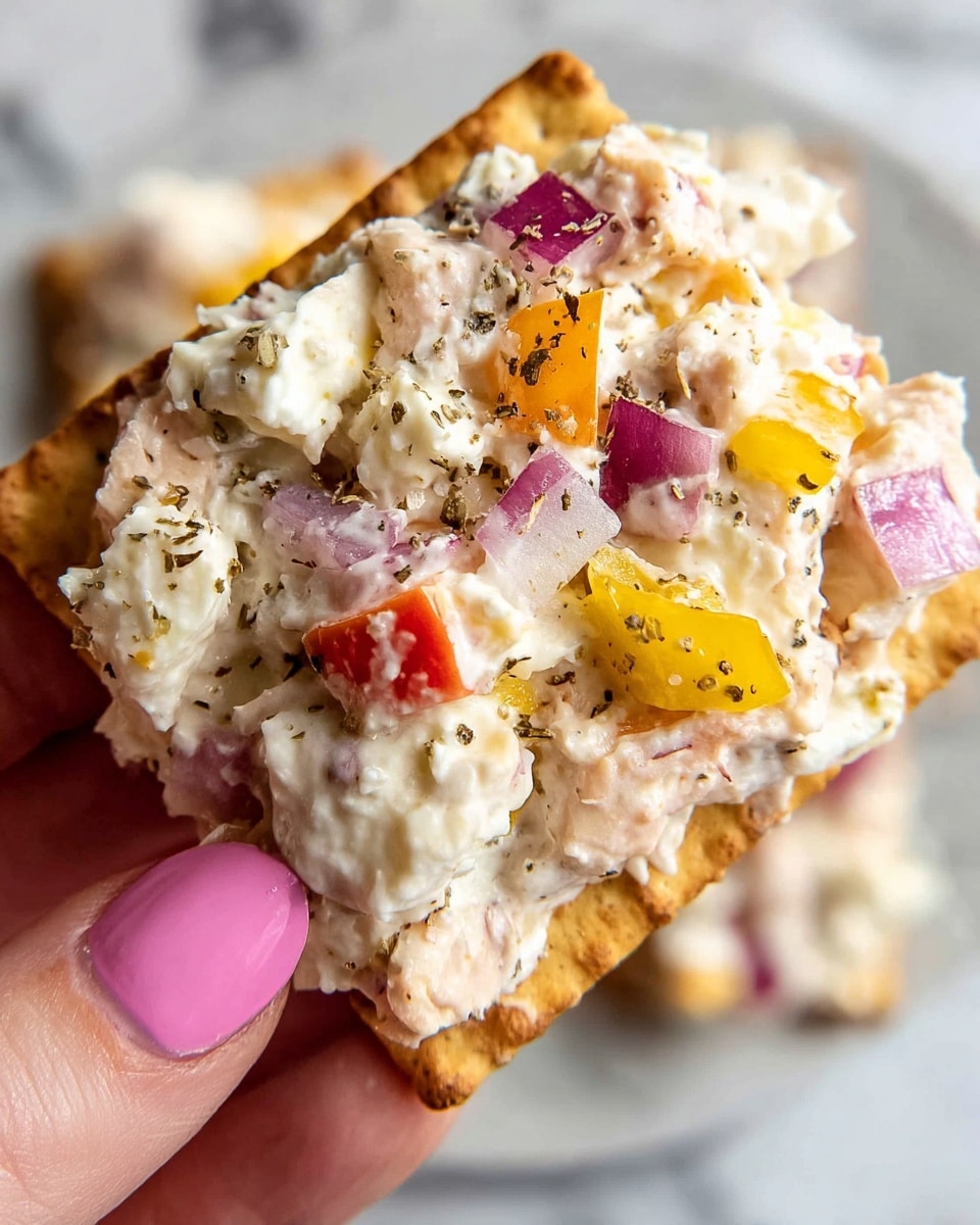 A close-up of a square toasted cracker topped with a creamy mixture containing small chunks of white cheese, red onion pieces, red and yellow bell pepper bits, and visible black pepper specks. The colors are soft with white, pale yellow, orange, and purple tones blending into the creamy layer. A woman's hand with pink nail polish holding the cracker is visible on the bottom right. The scene is set on a white marbled texture. photo taken with an iphone --ar 4:5 --v 7
