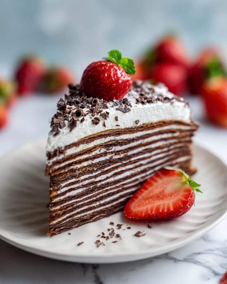Chocolate Crepe Cake with Cream Cheese Filling and Fresh Strawberries Recipe