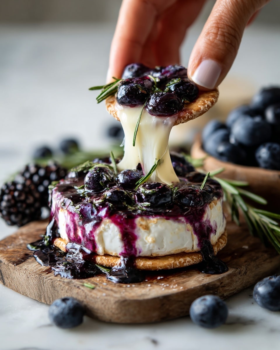 A close-up shot shows a woman's hand lifting a round cracker topped with melted creamy white cheese that is stretchy and smooth, mixed with dark purple blueberry sauce and whole blueberries. The cheese layer is thick and oozes down onto a wooden board, where it spreads across the surface with swirls of purple blueberry sauce and scattered rosemary pieces. Behind this, a pile of fresh blueberries and dark mulberries add texture and color contrast. The scene is set on a white marbled surface. Photo taken with an iphone --ar 4:5 --v 7