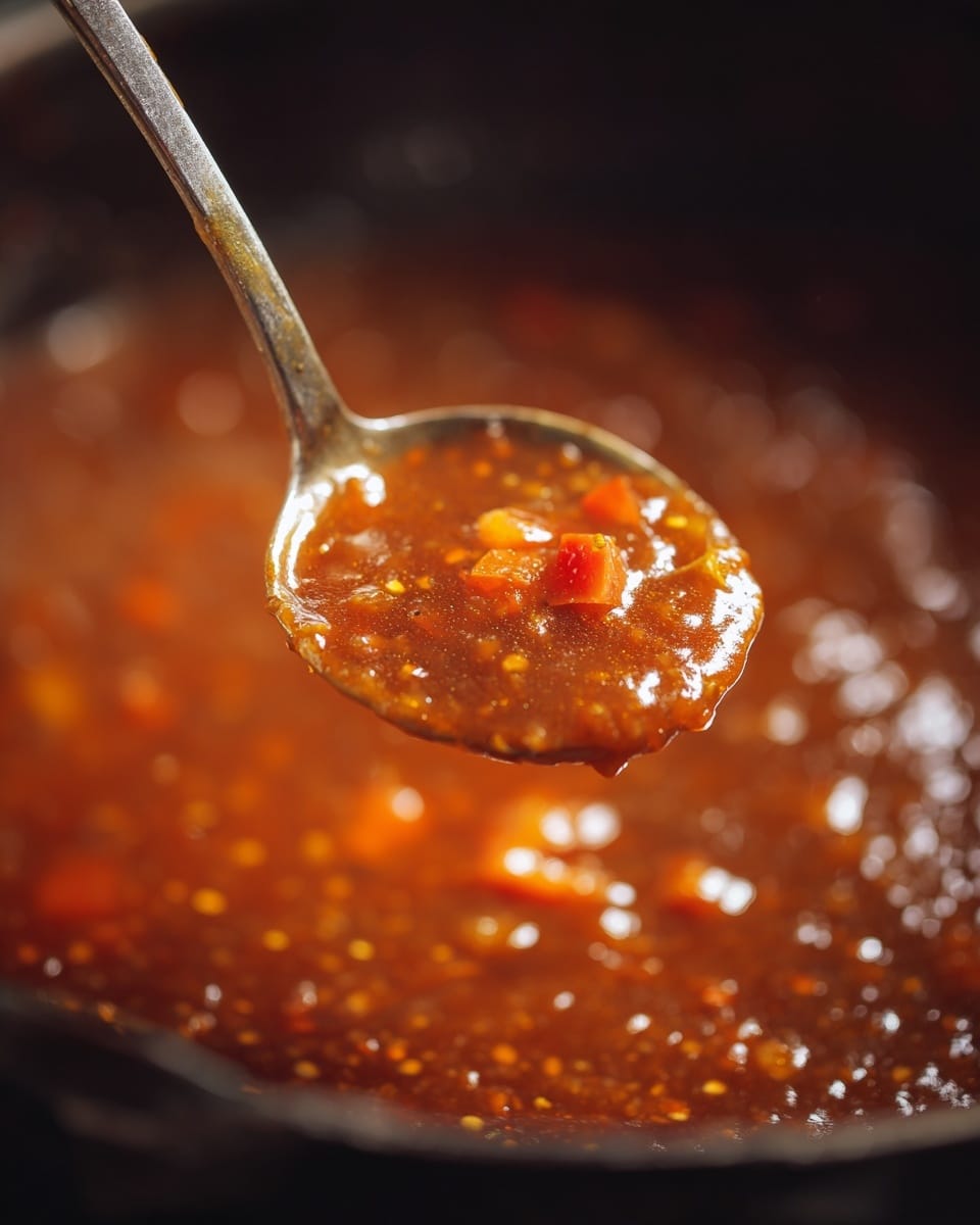 The image shows a close-up of a silver spoon lifting a glossy, thick dark orange-brown sauce with small bits of red and white ingredients suspended in it. The spoon is held over a large black pot filled with more of the same sauce, which appears smooth and slightly translucent with specks of ingredients visible throughout. The background has a soft bokeh effect, focusing attention on the spoon and the rich, textured sauce. photo taken with an iphone --ar 4:5 --v 7