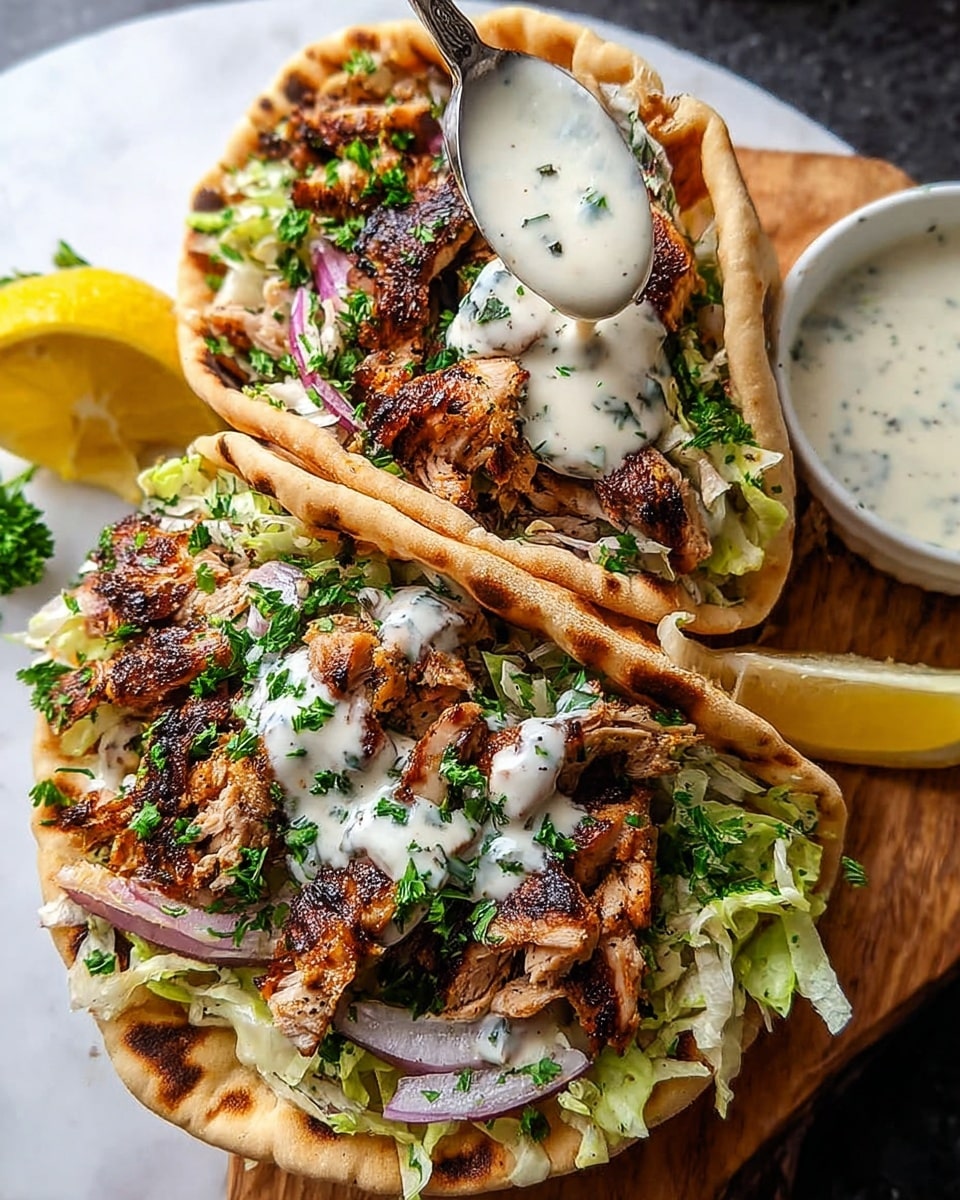 Two pita sandwiches sit open on a white plate over a white marbled texture, each filled with layers from bottom to top: green shredded lettuce and thin red onion slices; a generous amount of browned grilled chicken pieces with dark crispy edges; and a drizzle of creamy white sauce poured from a spoon above. The chicken is sprinkled with chopped fresh green parsley. A lemon wedge and a small white bowl of extra sauce are visible in the background. Photo taken with an iphone --ar 4:5 --v 7