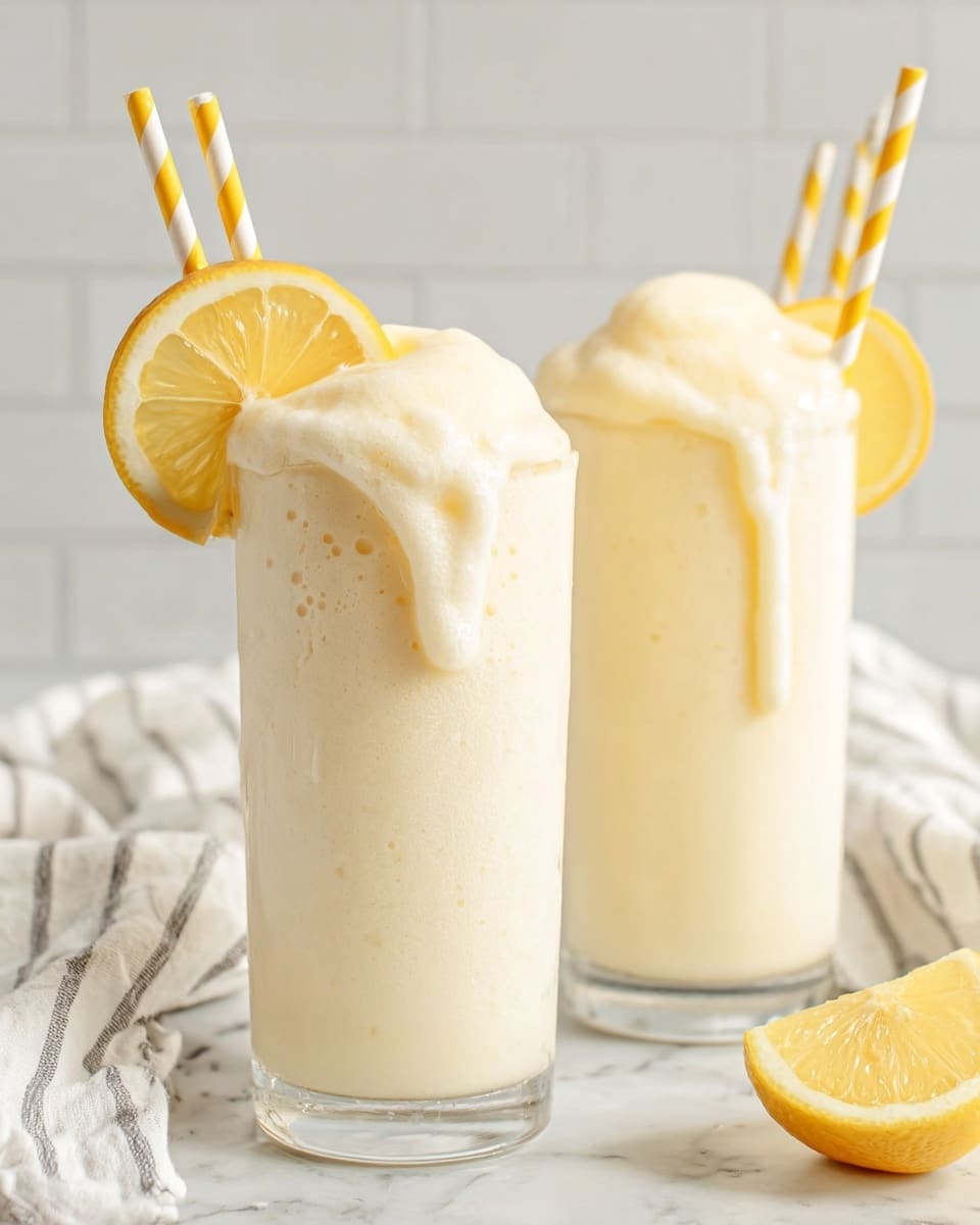Two tall clear glasses are filled with creamy pale yellow lemonade shakes, each topped with a thick layer of frothy foam that overflows slightly down the sides. A slice of bright yellow lemon is placed on the rim of each glass. Yellow and white striped paper straws are inserted into the drinks. The drinks are set on a white marbled surface with a soft white cloth with thin grey stripes in the background. Photo taken with an iphone --ar 4:5 --v 7