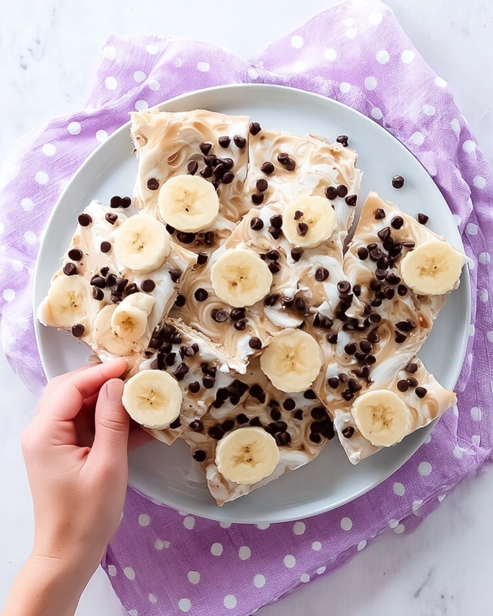 The image shows a white plate filled with several pieces of bark-like dessert arranged in a slightly overlapping pile. Each piece has a white creamy base with swirls of light brown spread, topped with small dark chocolate chips scattered all over, and thin round banana slices placed on top evenly. A woman's hand is reaching to pick up one piece from the plate. The plate is set on a light purple cloth with white polka dots, all placed on a white marbled surface. photo taken with an iphone --ar 4:5 --v 7