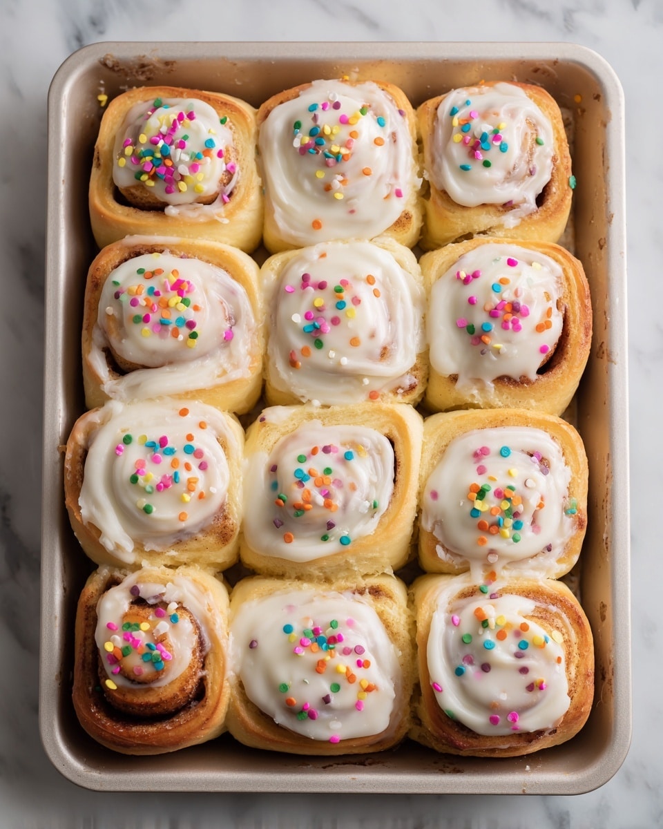 A tray holds twelve cinnamon rolls arranged in three rows and four columns. Each roll has a light golden-brown base layer that is soft and fluffy, with visible swirls of cinnamon filling inside. On top, there is a thick, creamy white icing layer spread evenly with a smooth texture. The icing is decorated with colorful round sprinkles scattered over each roll, giving a festive look with pink, yellow, green, orange, blue, and purple dots. The tray rests on a white marbled surface. photo taken with an iphone --ar 4:5 --v 7
