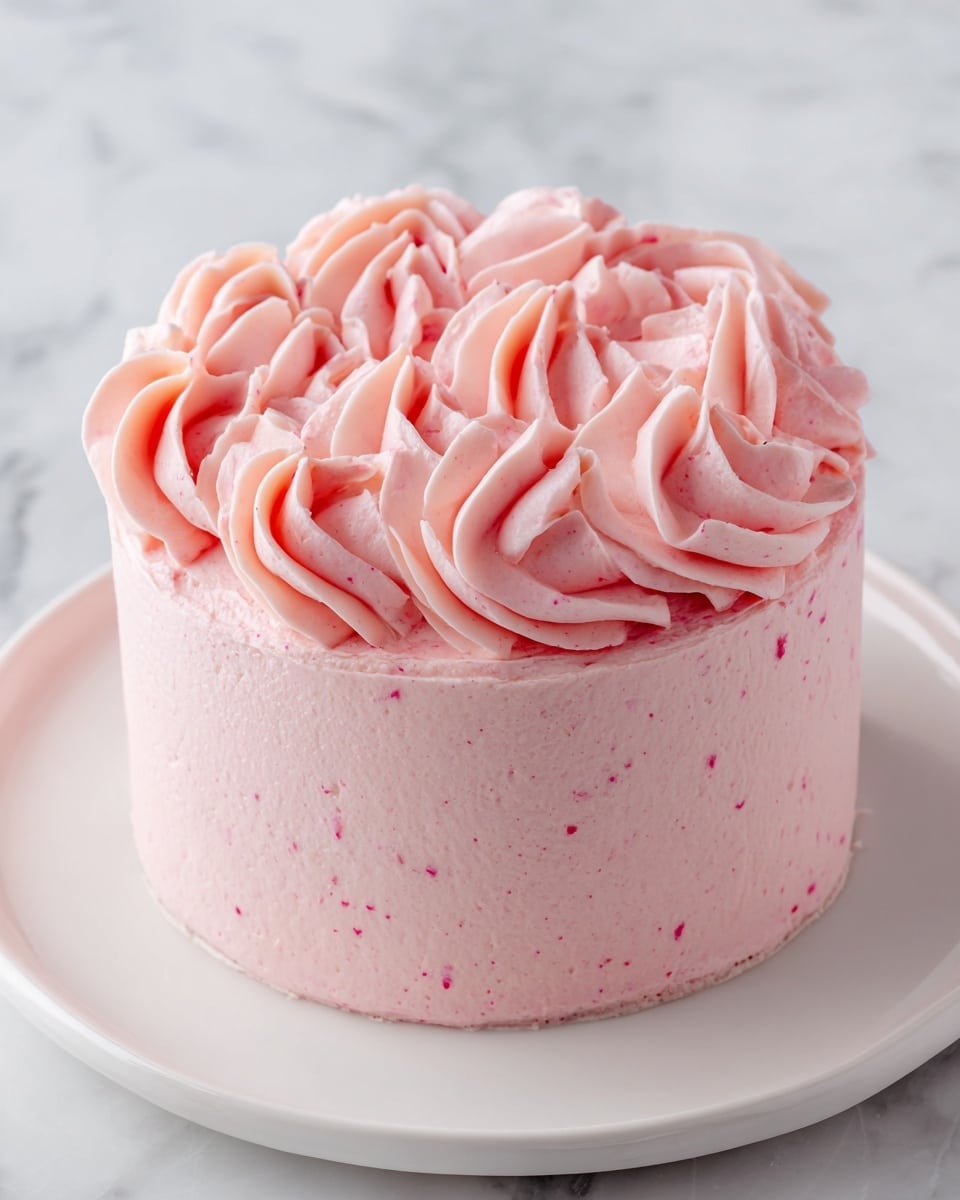 A small round cake sits on a white plate with thick, swirled pale pink frosting covering the entire cake. The frosting is textured with visible soft peaks and smooth spirals that create a fluffy, creamy appearance. The cake looks moist and slightly hidden beneath the thick frosting layer. The background is a white marbled surface that adds a clean and bright contrast to the cake. photo taken with an iphone --ar 4:5 --v 7
