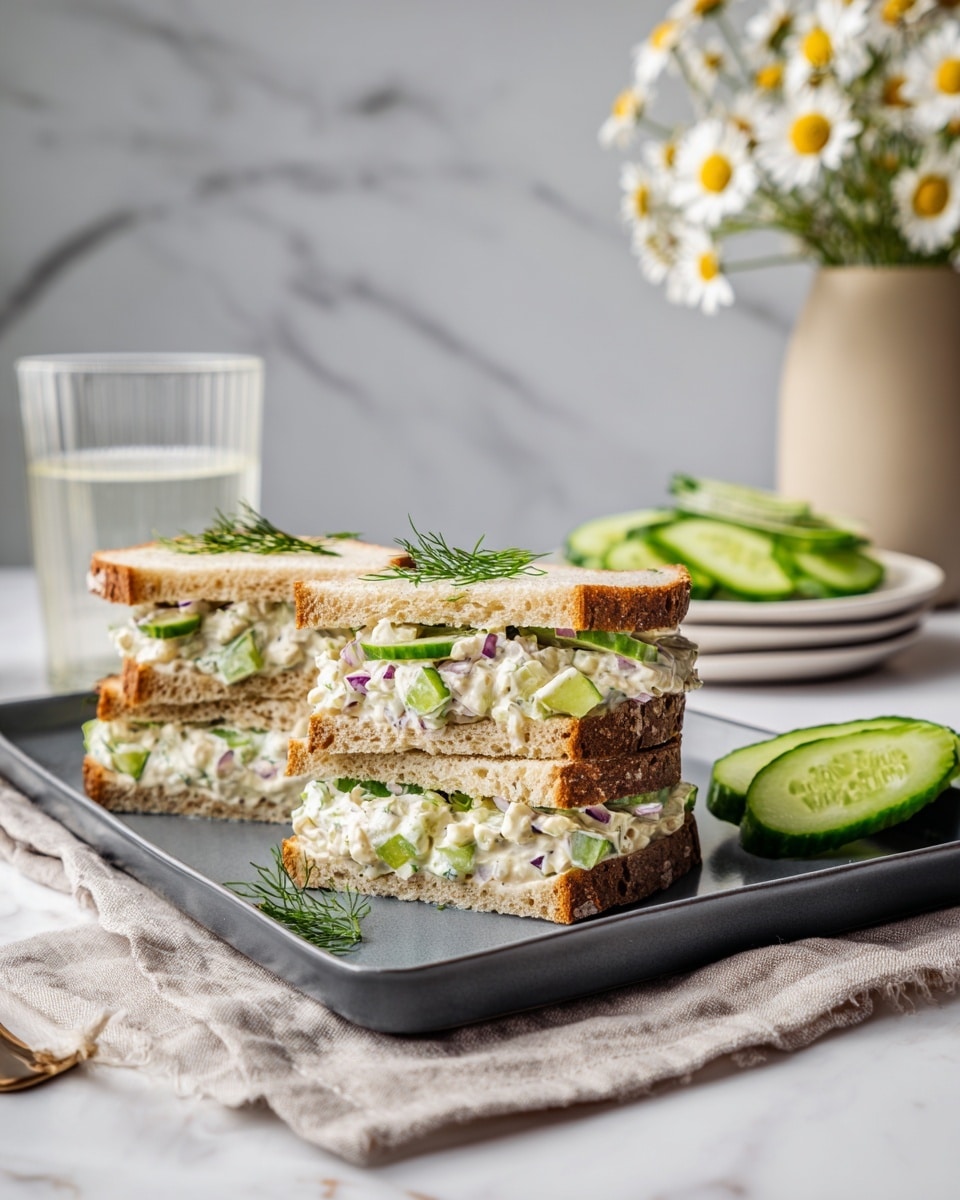 Three small sandwiches are placed on a white rectangular plate with rounded edges, each sandwich cut into a neat rectangle. Each sandwich has two slices of toasted brown bread showing a coarse texture and lightly browned edges. Inside, the filling has a creamy white layer mixed with small pieces of pale green celery and slices of green cucumber, topped with thin slices of purple onion and a sprinkle of fresh green dill and sprouts. The plate is set on a beige cloth on a white marbled surface. Near the plate, there is a small white bowl holding two cucumber halves and two glasses of sparkling clear water are nearby, along with a beige vase holding white daisy flowers. Photo taken with an iphone --ar 4:5 --v 7