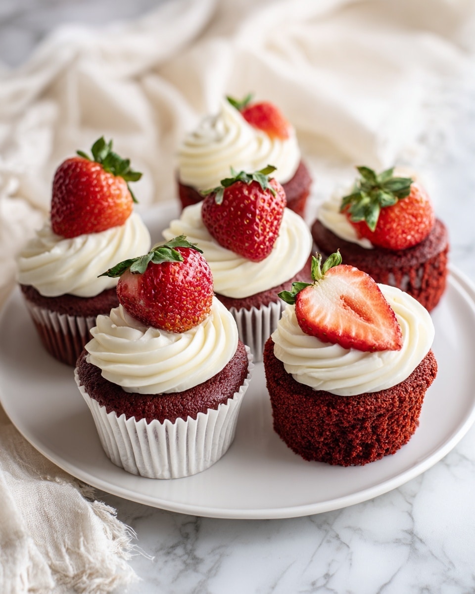 A white plate holds six red velvet cupcakes, each topped with a swirl of smooth, creamy white frosting. Three cupcakes have a whole fresh strawberry with green leaves on top, while the other three have a halved strawberry with green leaves. The cupcakes are in white paper liners, showing the deep red color of the cake beneath the frosting. The plate sits on a white marbled surface with a soft off-white cloth nearby, adding a light, cozy background. Photo taken with an iphone --ar 4:5 --v 7
