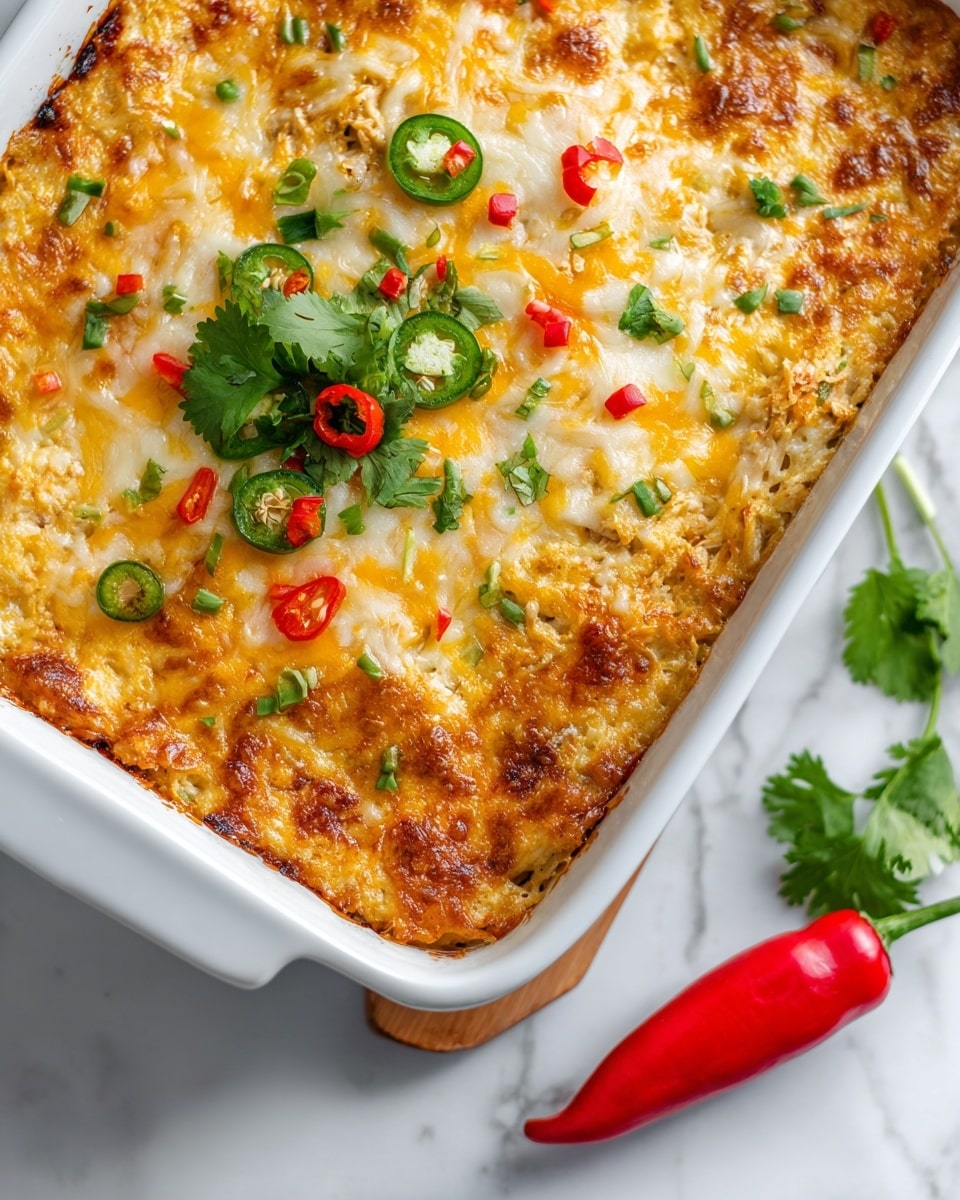 A close-up of a baked casserole in a white rectangular dish on a wooden board, placed on a white marbled surface. The casserole has a top layer of golden melted cheese with patches of white and light orange, scattered with pieces of green jalapeño and red bell pepper slices. Beneath the cheese, a creamy textured layer with bits of cooked rice and shredded chicken is visible. Small green cilantro leaves garnish the center, adding freshness and color contrast. A bright red chili pepper and a whole red bell pepper are placed nearby on the marbled surface, enhancing the vibrant look of the dish. Photo taken with an iphone --ar 4:5 --v 7