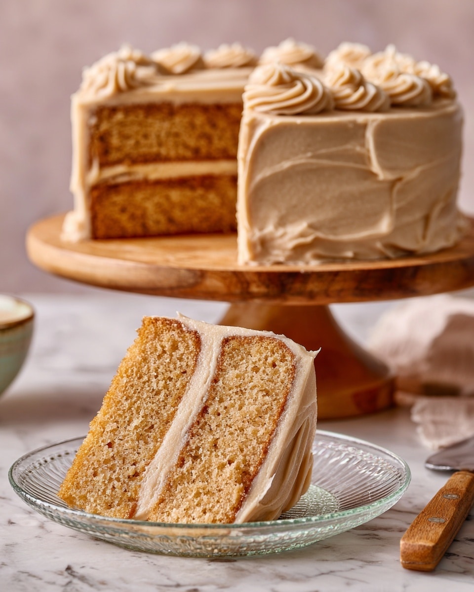 A slice of two-layer brown cake with a light tan frosting between the layers and covering all sides sits on a clear glass plate, showing the cake’s moist texture. The frosting appears creamy and smooth with soft swirls. The plate rests on a white marbled surface, and behind it, the full cake with the same frosting is placed on a wooden cake stand. A wooden handle utensil is placed beside the cake slice on the plate. Photo taken with an iphone --ar 4:5 --v 7