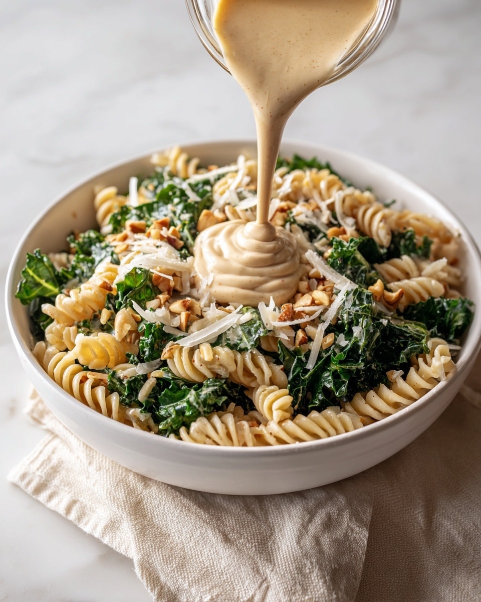 A white bowl filled with a mix of rotini pasta, chopped kale, and small round crunchy nuts. The pasta is light beige with a smooth, spiral shape. The kale is dark green and leafy, scattered evenly throughout. Thin white cheese shavings are sprinkled on top, adding texture. A creamy beige dressing is being poured in the middle, creating a smooth, thick swirl that stands out against the textured ingredients. The bowl sits on a white marbled surface with a beige cloth beside it. photo taken with an iphone --ar 4:5 --v 7