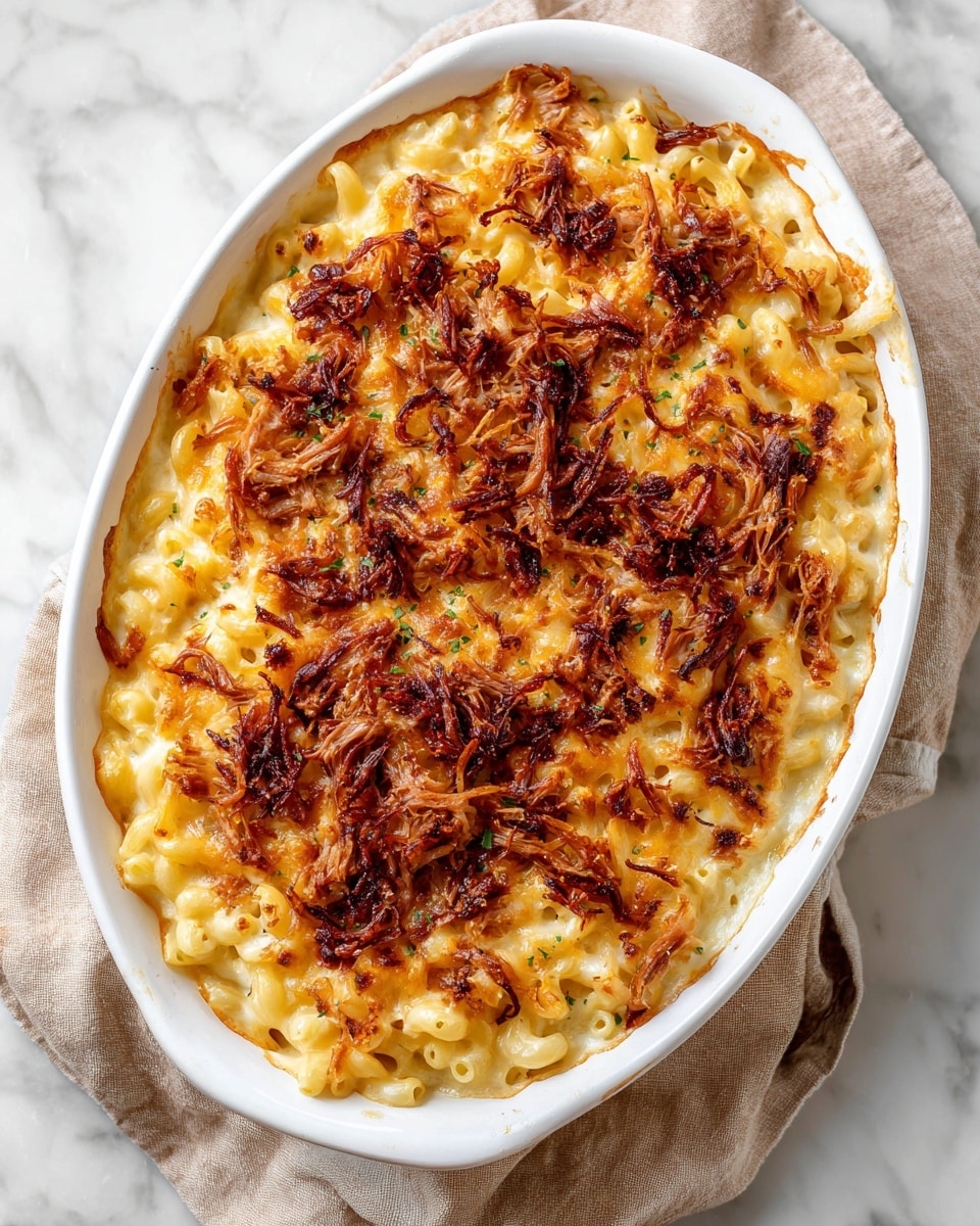 A white oval baking dish filled with baked macaroni and cheese topped with shredded pulled pork. The bottom layer shows creamy macaroni pasta covered with a golden brown melted cheese layer. The top layer has darker, crispy bits of pulled pork spread unevenly across the surface, creating a mix of golden, light brown, and dark brown colors. The dish rests on a beige cloth on a white marbled surface. photo taken with an iphone --ar 4:5 --v 7