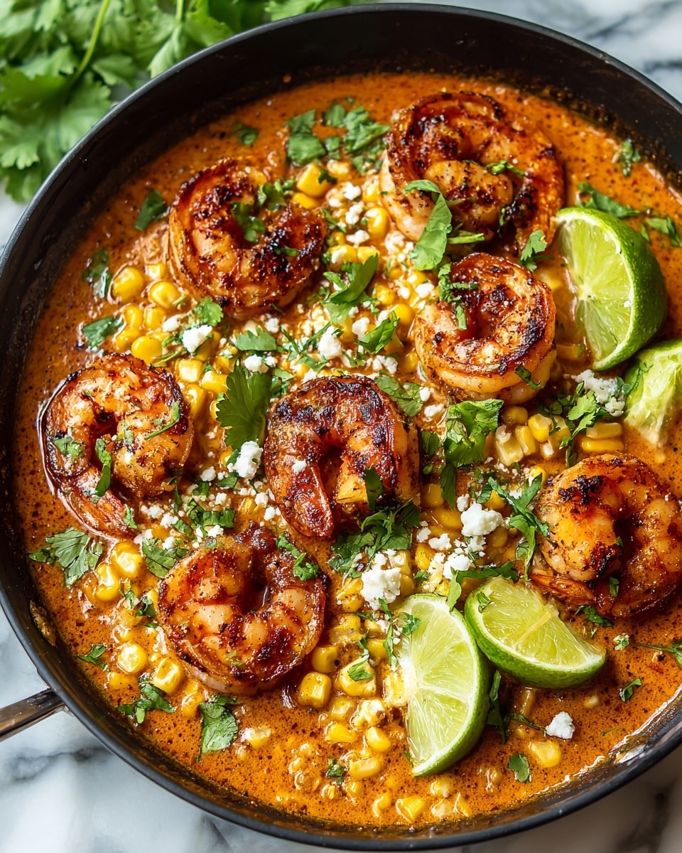 A close-up shot of a black pan filled with plump, reddish-brown grilled shrimp sitting on top of a creamy, spicy orange sauce. Scattered around the shrimp are bright yellow, charred corn pieces and small white cheese crumbs adding texture. Fresh green cilantro leaves are spread over the dish along with three vibrant green lime wedges resting on the sauce near the edge. The pan is placed on a white marbled surface with hints of green leaves in the corners. Photo taken with an iphone --ar 4:5 --v 7