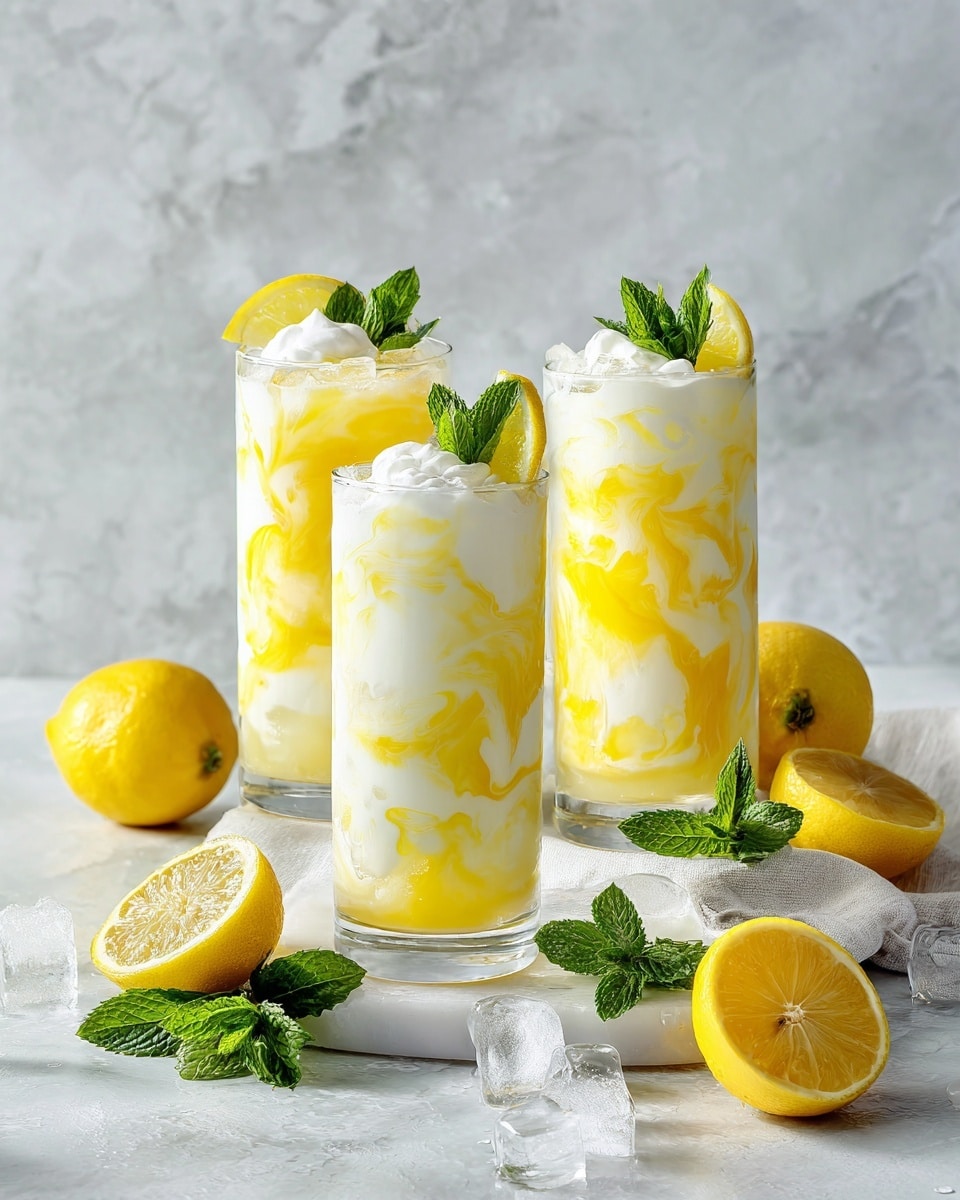 Three tall clear glasses hold a swirled drink with two main layers; one is creamy white and the other is bright yellow, mixed together in a flowing, marbled pattern throughout each glass. Each glass is topped with a small mound of white foam, garnished with a fresh green mint leaf placed in the center and a bright yellow lemon wedge on the rim. Surrounding the glasses are whole and halved lemons with a vibrant yellow color, some fresh mint sprigs, and a few clear ice cubes scattered around on a white marbled texture surface. The scene is closely framed, highlighting the fresh and creamy look of the drinks. Photo taken with an iphone --ar 4:5 --v 7