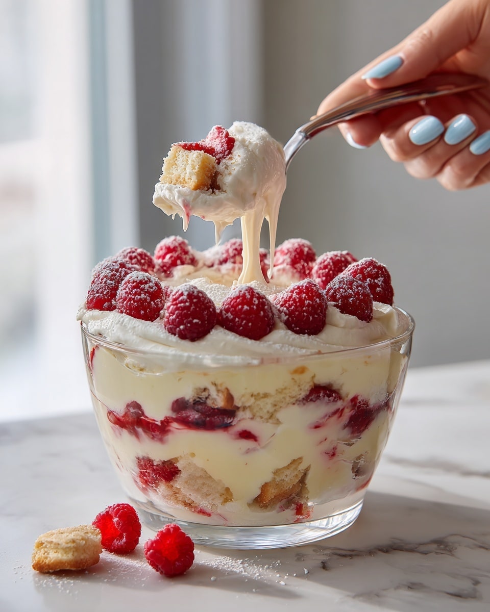 A clear glass bowl filled with a layered dessert sits on a white marbled surface by a window; the dessert has three visible layers starting from the bottom with a light creamy layer mixed with whole raspberries, followed by a middle layer of creamy custard and biscuit pieces, and topped with a thick layer of white whipped cream adorned with a circle of red raspberries dusted lightly with powdered sugar around the edge. A woman's hand with pale blue nail polish is lifting a spoonful revealing the soft texture inside, where bits of biscuits, creamy layers, and dripping raspberry sauce are visible, with one fallen raspberry with cream and biscuit on the surface next to the bowl. Photo taken with an iphone --ar 4:5 --v 7