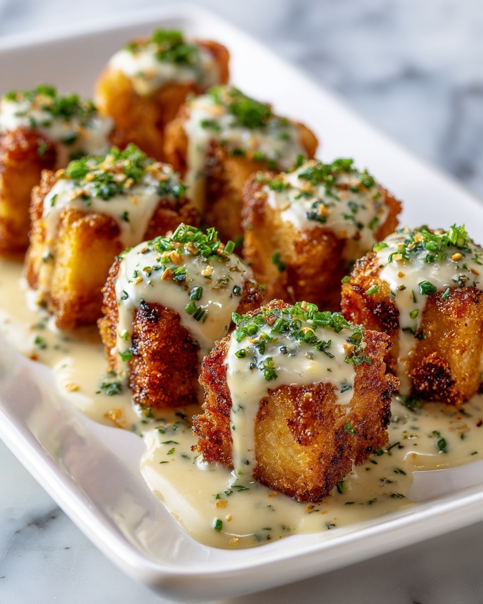 The image shows a white rectangular plate filled with small, golden brown cubes of fried tofu, each topped with a pale creamy sauce and sprinkled with finely chopped green herbs. The tofu looks crispy on the outside with a slightly rough texture, and the sauce is smooth and thick, sitting neatly on top of each piece. The plate is on a white marbled surface, and the overall colors are warm and inviting. photo taken with an iphone --ar 4:5 --v 7