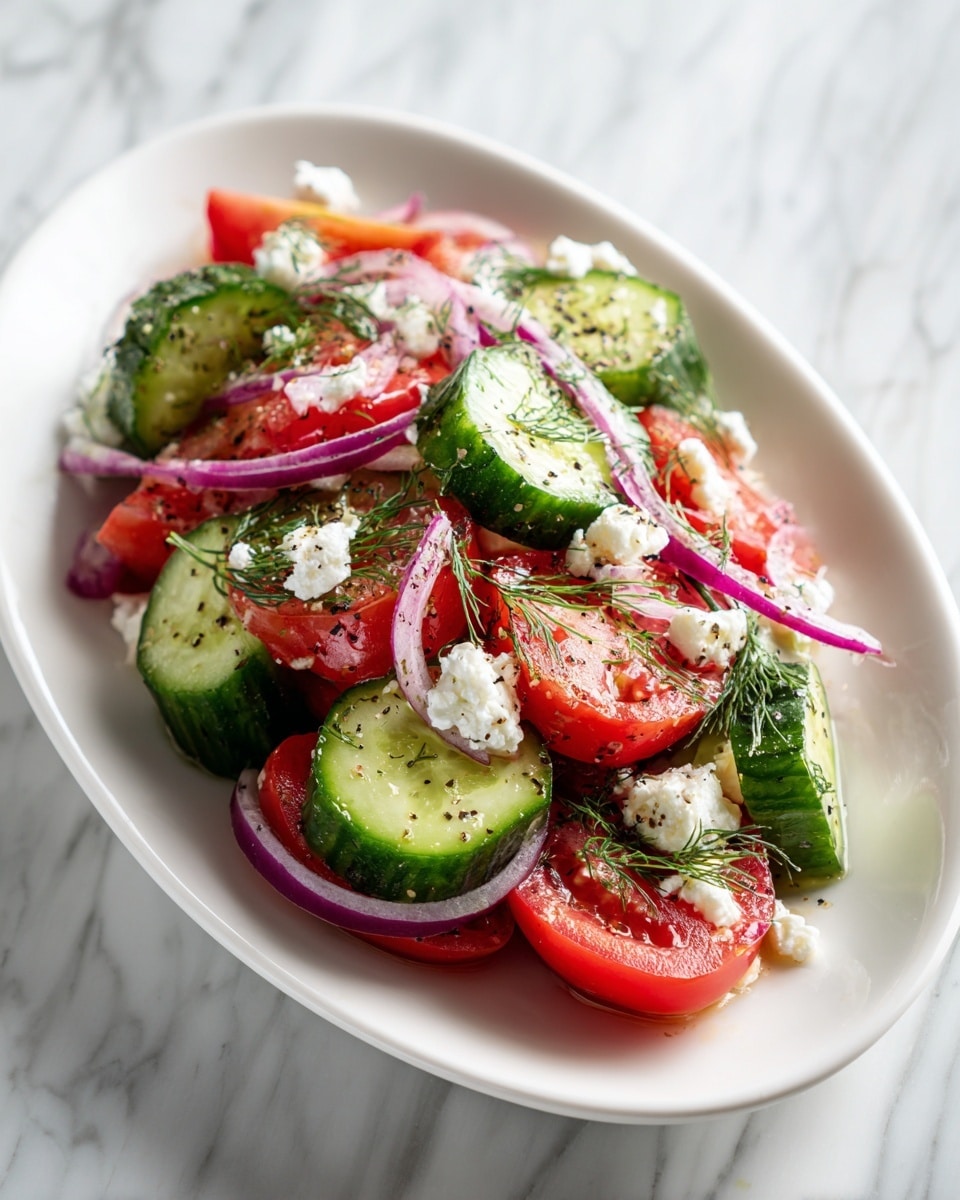 A white oval plate holds a fresh cucumber salad with four main layers visible: at the bottom are chunky thick-sliced bright green cucumbers with textured skin, followed by medium-sized vibrant red tomato pieces scattered unevenly. Thin slices of purple-red onion rings are spread across, adding a light, transparent layer with a slight shine. The top layer shows small white crumbles of cheese and sprigs of fresh green dill, with black pepper sprinkled lightly over the whole salad, all set on a white marbled surface. photo taken with an iphone --ar 4:5 --v 7