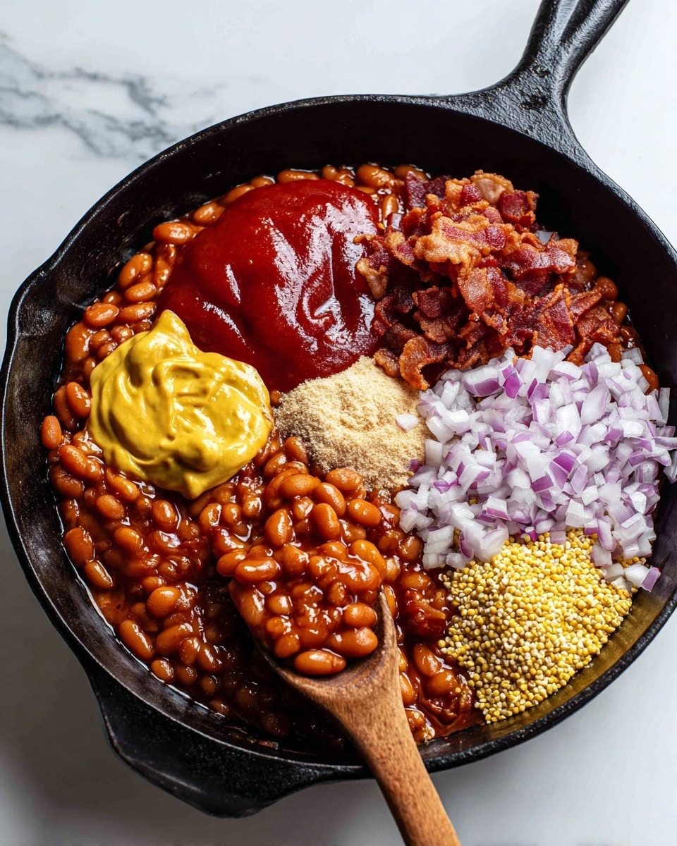 In a black cast iron skillet on a white marbled surface, there are six distinct layers for baked beans before cooking: shiny reddish-brown baked beans filling most of the pan, a thick bright red layer of ketchup on the upper left, a smooth bright yellow layer of mustard next to the ketchup, a mound of light brown sugar in the center, a pile of crispy reddish-brown cooked bacon pieces on the upper right, and finely chopped white and purple onions with a small pile of pale yellow mustard seeds near the bottom right. The lower part of the image shows a close-up of a wooden spoon scooping the thick mixture of cooked baked beans mixed with bacon and sauce. Photo taken with an iphone --ar 4:5 --v 7