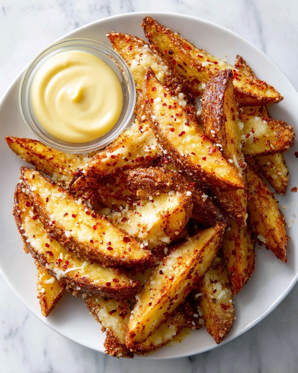 A white plate filled with golden-brown potato wedges that have a crispy texture and are covered with melted white cheese and sprinkled with red seasoning. The wedges are piled around a small clear glass bowl of thick, creamy light yellow dipping sauce placed near the top left edge. The plate sits on a white marbled surface. Photo taken with an iphone --ar 4:5 --v 7