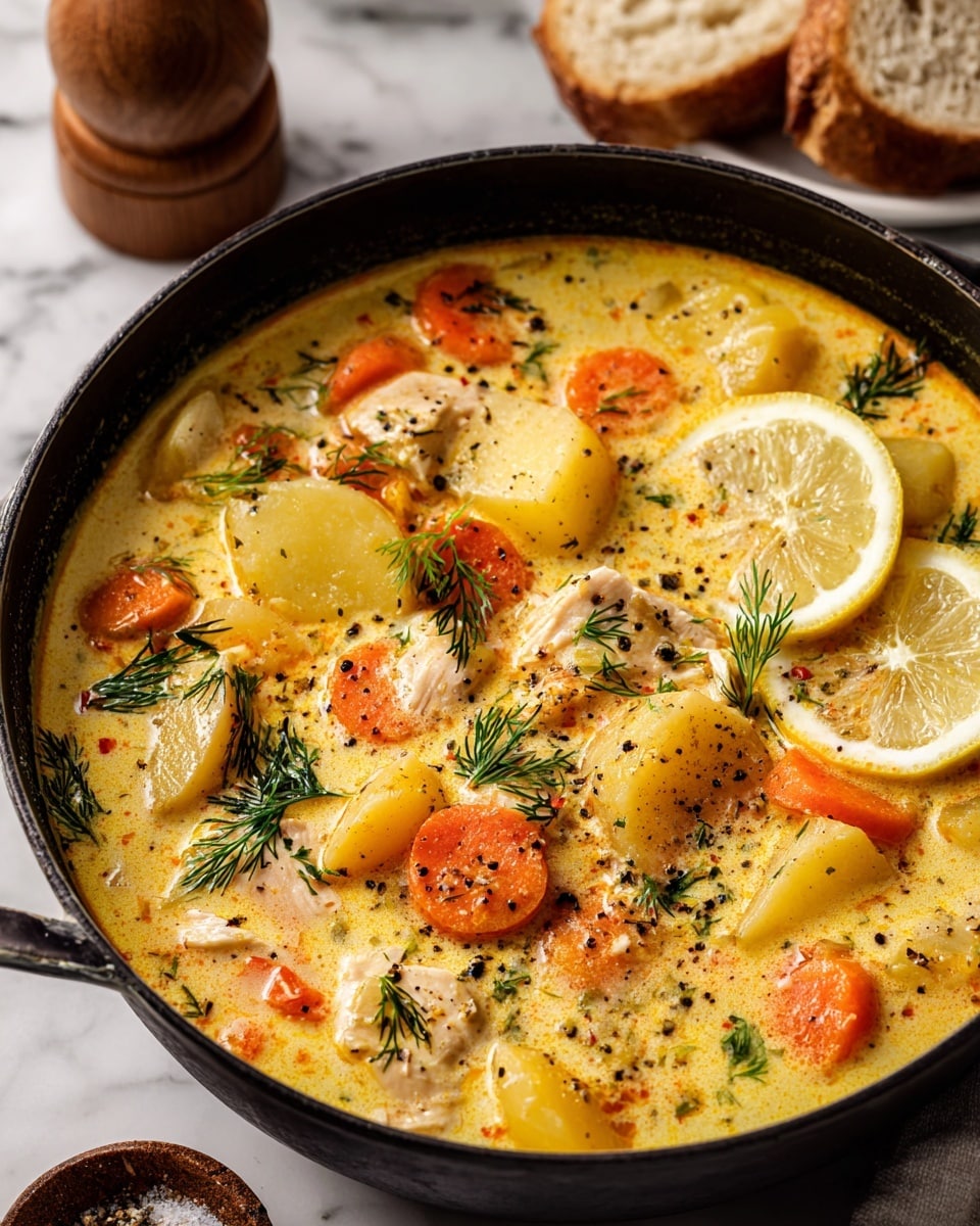 A close-up of a creamy soup in a black pot showing three layers: the base is a smooth, orange-yellow creamy broth, topped with chunky pieces of light yellow potatoes, round orange carrot slices, small white chicken chunks, and small green dill sprigs scattered throughout. On the surface, there are two thin lemon slices placed on the right side, and the soup is sprinkled with coarse ground black pepper. The pot sits on a white marbled surface with a blurred slice of bread and a pepper grinder nearby. Photo taken with an iphone --ar 4:5 --v 7
