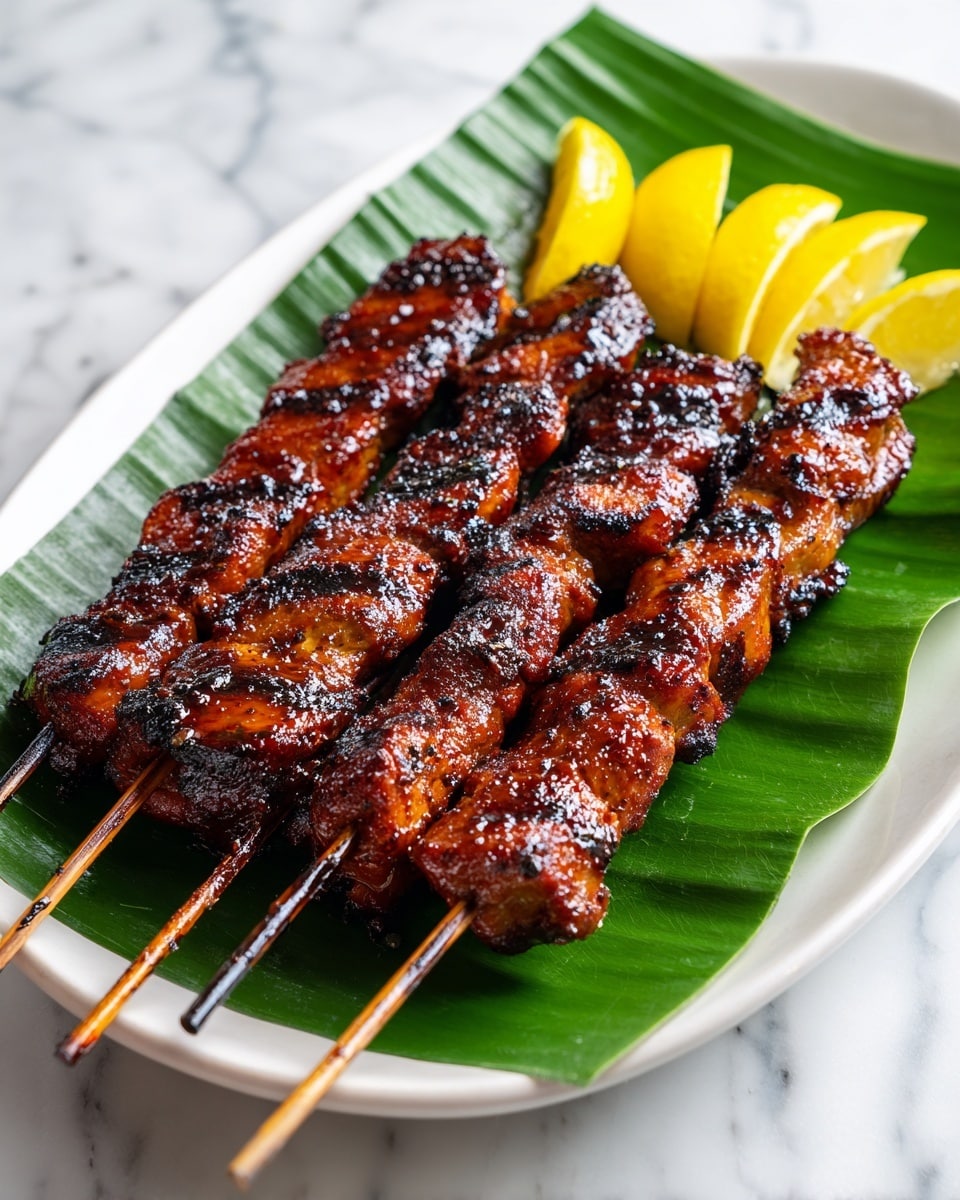 The image shows four skewers of grilled meat placed side by side on a large green banana leaf that covers a white plate. The meat on the skewers is glazed with a shiny, dark brown sauce and has slight black char marks, giving it a rich, caramelized look. Behind the skewers, there are four bright yellow lemon wedges arranged in a row, adding contrast to the dark meat. The plate is set against a white marbled background. photo taken with an iphone --ar 4:5 --v 7