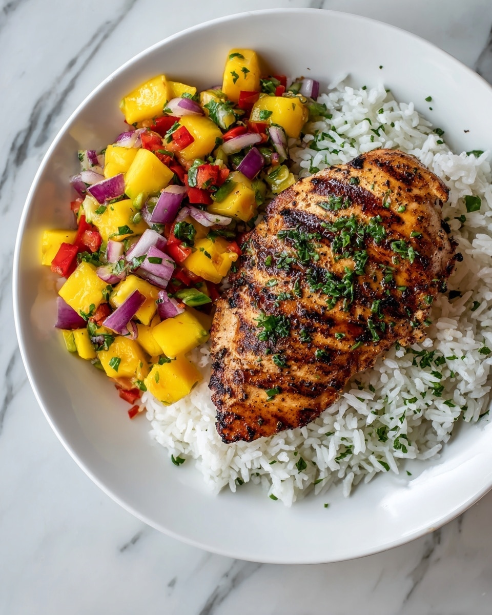 The dish shows a white plate with three main layers: the bottom layer is white cooked rice scattered with chopped green herbs; on top of the rice sits a grilled chicken breast with dark brown grill marks and specks of black pepper, garnished with chopped green herbs and small pieces of purple onion; next to the chicken is a bright, chunky mango salsa made of yellow mango cubes, red and green bell pepper pieces, chopped purple onion, and green herbs, all mixed together. The plate is placed on a white marbled surface. photo taken with an iphone --ar 4:5 --v 7