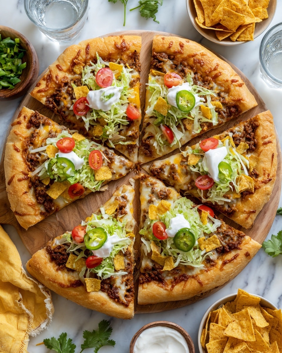 A round pizza with a golden crust on a wooden board, cut into five slices, topped with a layer of melted yellow cheese and browned ground meat evenly spread underneath. On top, there is a thick layer of shredded green lettuce, scattered bright red cherry tomato halves, and small dollops of white sour cream on each slice. Crunchy yellow corn chips are sprinkled over the pizza, with two green jalapeño slices placed toward the top center. Fresh green cilantro is scattered as garnish. Around the pizza, a bowl of white sauce, a bowl of yellow corn chips, a glass of water, and a bunch of fresh cilantro sit on a white marbled texture surface. photo taken with an iphone --ar 4:5 --v 7