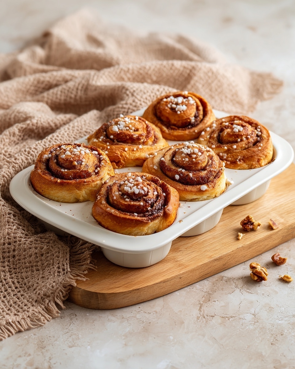 A white muffin tray holds five golden-brown cinnamon rolls, each with multiple visible layers spiraled tightly from the center outward, showing darker brown cinnamon filling within the folds of the flaky dough. The tops of the rolls are sprinkled with coarse white sugar crystals that sparkle against the baked surface. The tray is placed on a wooden board, resting on a white marbled texture surface with a light brown textured cloth draped casually beside it. Small brown nut pieces are scattered on the surface near the tray. photo taken with an iphone --ar 4:5 --v 7