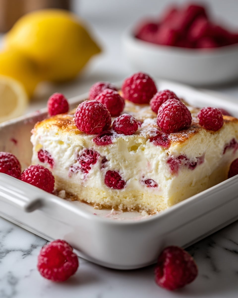 The image shows a square white baking dish filled with a creamy, slightly browned baked dessert with bright red raspberries placed on and inside the soft, white, custard-like top layer. The top layer is a mix of white and light golden brown colors, with the raspberries adding spots of deep red. A portion is missing from one corner, revealing the thick, fluffy white inside layer with embedded raspberries. A few raspberries are scattered beside the dish on a white marbled surface, and in the background, there is a blurred lemon and stacks of white plates. Photo taken with an iphone --ar 4:5 --v 7