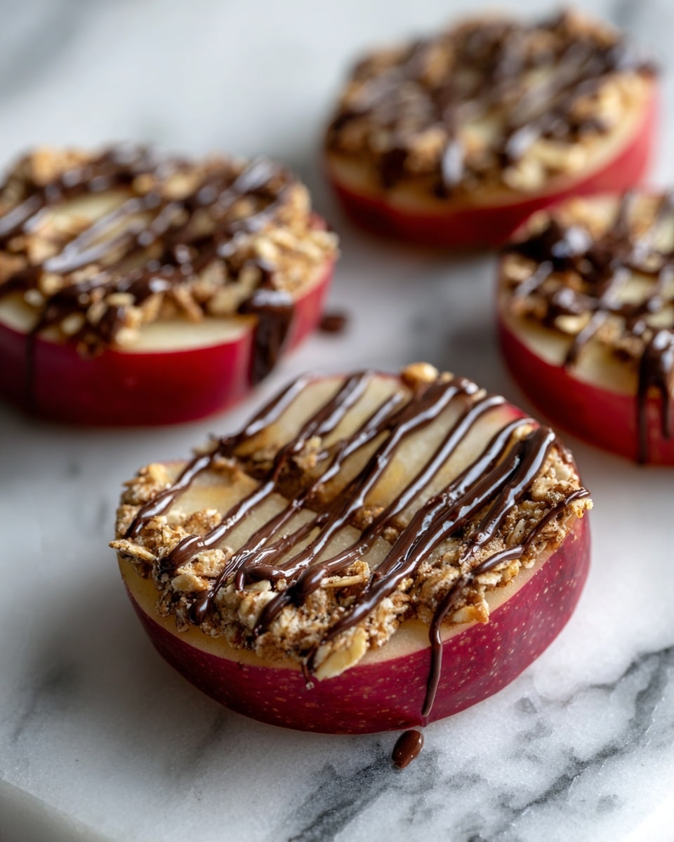 The image shows three round apple slices with the skin on, each about one thick layer in bright red. On top of each apple slice, there is a thick layer of a coarse, light brown mixture with visible small chunks, suggesting a nutty or oatmeal texture. Over this top layer, a dark brown chocolate drizzle is spread unevenly in thin streaks and patches, adding contrast. The apple slices are placed on a white marbled surface. The focus is sharp on the closest slice, with the other two slightly blurred in the background. photo taken with an iphone --ar 4:5 --v 7