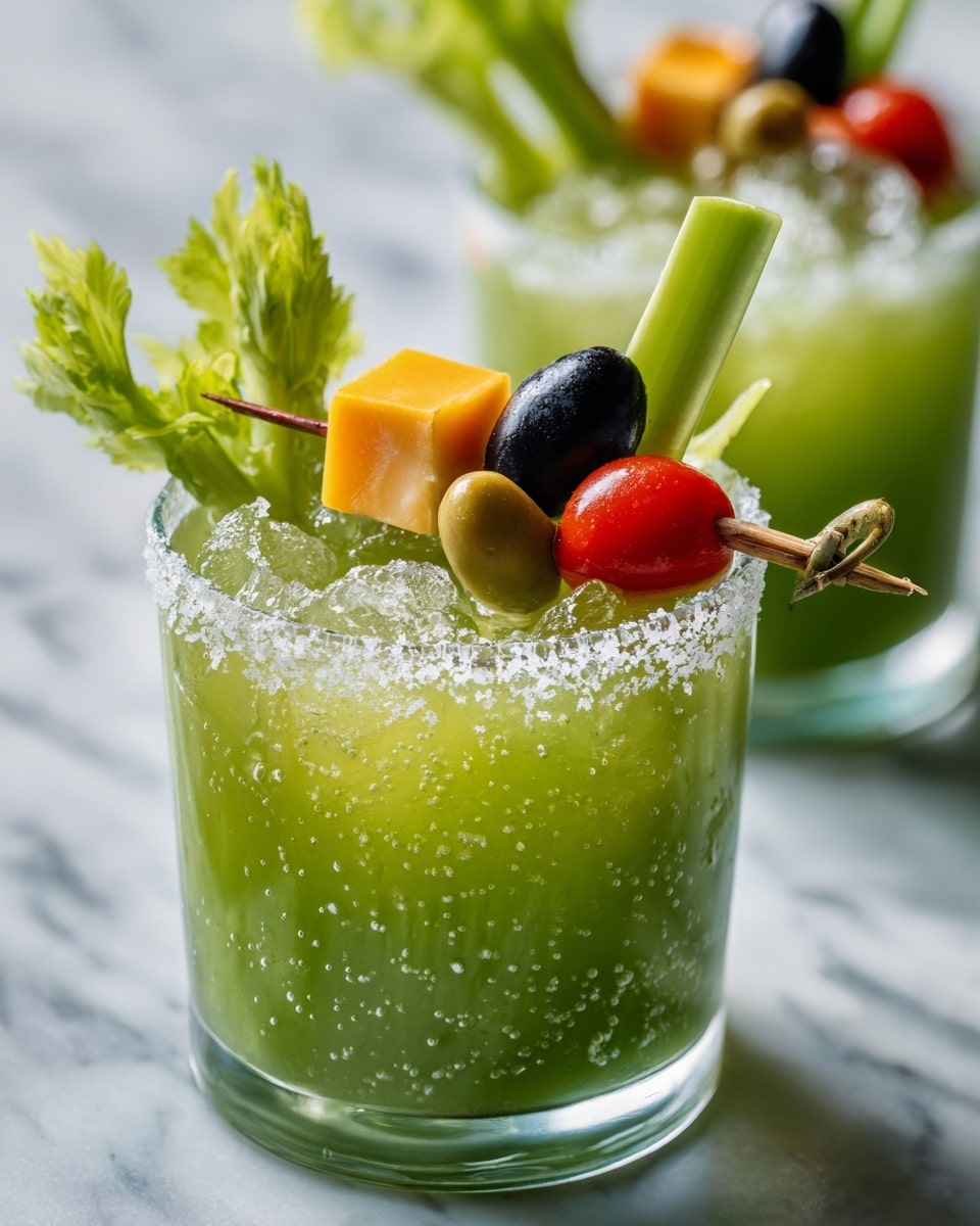 A clear glass filled with light green drink and crushed ice shows three layers of texture: the bottom crushed ice with tiny bubbles, the middle thick green liquid with a slightly frothy surface, and the rim coated with coarse white salt. The drink is decorated with a skewer holding a slice of pickle, a black olive, a cube of yellow cheese, and a round slice of red pepperoni. A small carrot and a bright green celery stalk are placed inside the glass, standing upright. The glass sits on a white marbled surface with another identical glass visible in the background. photo taken with an iphone --ar 4:5 --v 7