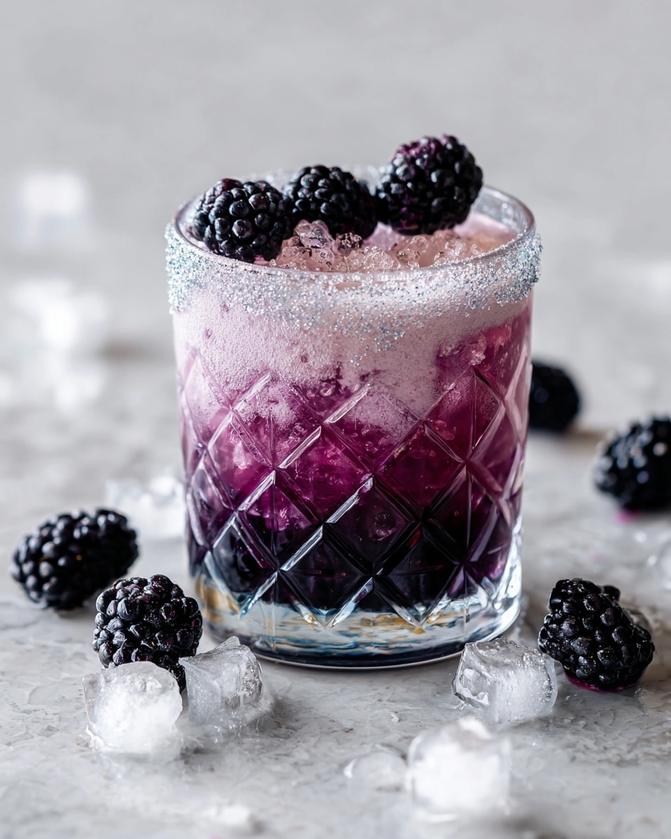 A short clear glass with a diamond pattern holds a drink with three visible layers: a dark purple layer at the bottom, a lighter purple middle layer with crushed ice inside, and a light pink frothy top layer with more ice cubes on top. The rim of the glass is coated with sparkling sugar, and three dark purple blackberries sit on top of the ice. Around the glass on a white marbled surface are several blackberries and scattered ice cubes. The scene is well-lit, highlighting the smooth textures and cool look of the drink. photo taken with an iphone --ar 4:5 --v 7