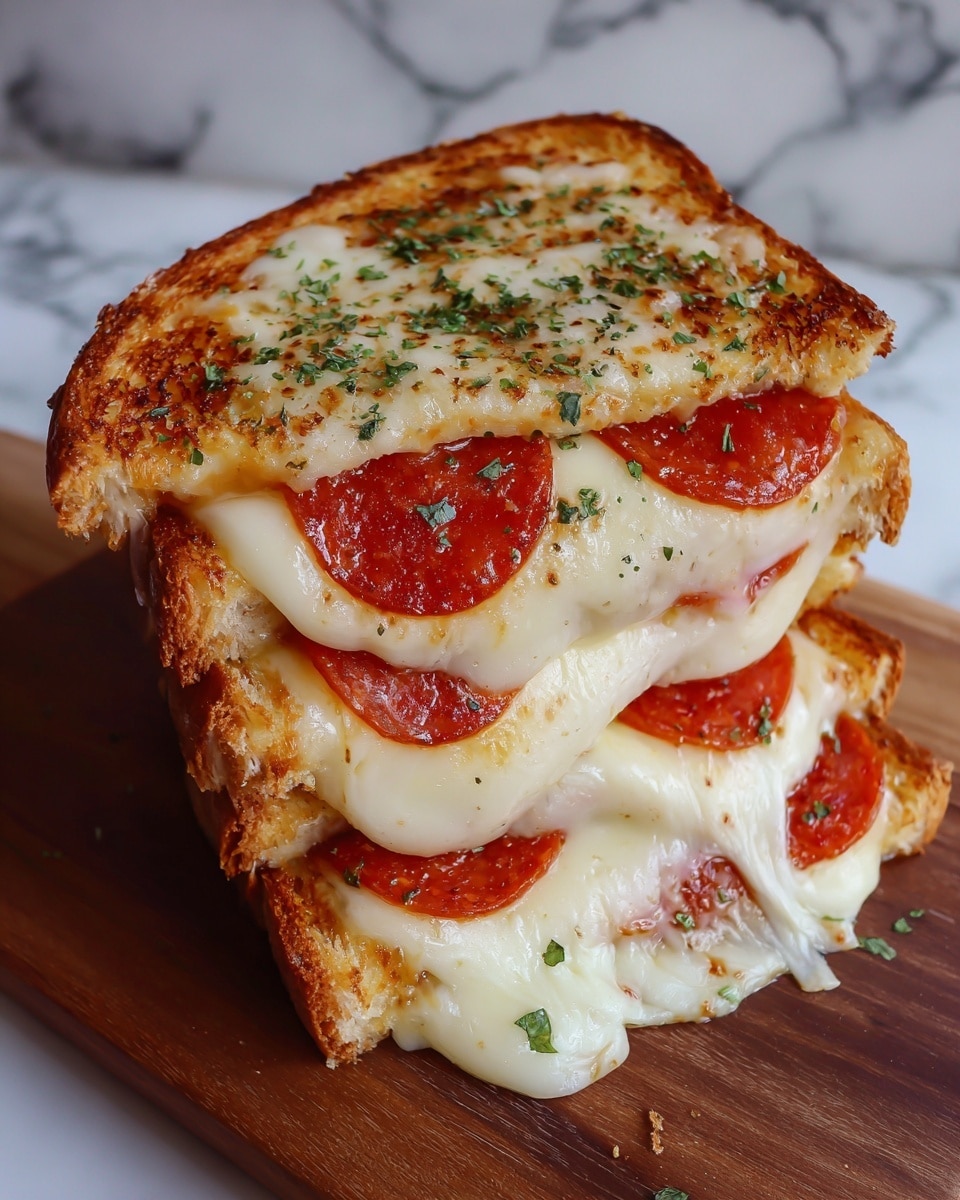 A close-up of a grilled cheese sandwich cut in half and stacked, showing melted cheese stretching between the two halves. The sandwich consists of two toasted golden-brown bread slices with a slightly crispy texture on the outside. Inside, there is a thick layer of gooey white cheese, and under that, thin slices of reddish pepperoni are visible. The top of the sandwich has a slight sprinkle of herbs. The sandwich is on a white marbled surface. photo taken with an iphone --ar 4:5 --v 7