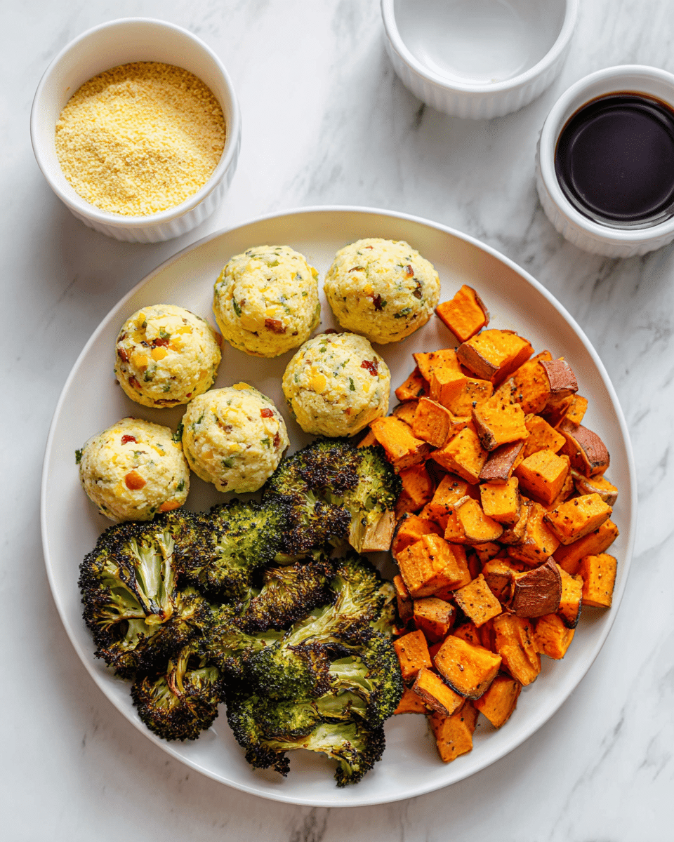 The image shows a white plate with three main parts: five light yellow round balls with small orange and green bits, five pieces of roasted broccoli with golden and green textures, and many small roasted sweet potato cubes in rich orange shades on the left side, and light orange and beige thin carrot ribbons curled on the right side. The white plate sits on a white marbled surface with two white bowls in the background; one bowl has a pale yellow powder with some orange powder on top, and the other bowl contains a very dark liquid. The food looks fresh and colorful, neatly arranged with a clean and bright setting. photo taken with an iphone --ar 4:5 --v 7