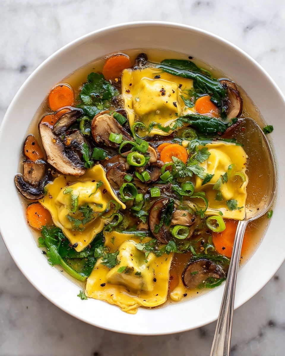 A deep white bowl filled with a vibrant soup that has six yellowish ravioli floating on the top layer, surrounded by bright orange carrot slices, dark brown mushroom slices, and fresh green spinach leaves. The broth is clear, light brown, and slightly oily, filling the bowl mostly. Chopped green onions and fresh cilantro are scattered over the top as garnish. A silver spoon rests inside the bowl on the right. The bowl is placed on a white marbled surface. Photo taken with an iphone --ar 4:5 --v 7